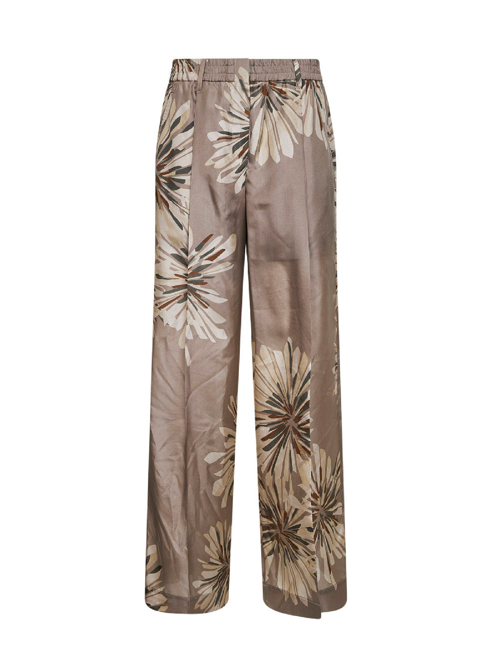 Brunello Cucinelli Women Khaki Silk Bloom Print Pongée Sartorial Track Trousers With Monili BRUNELLO CUCINELLI
