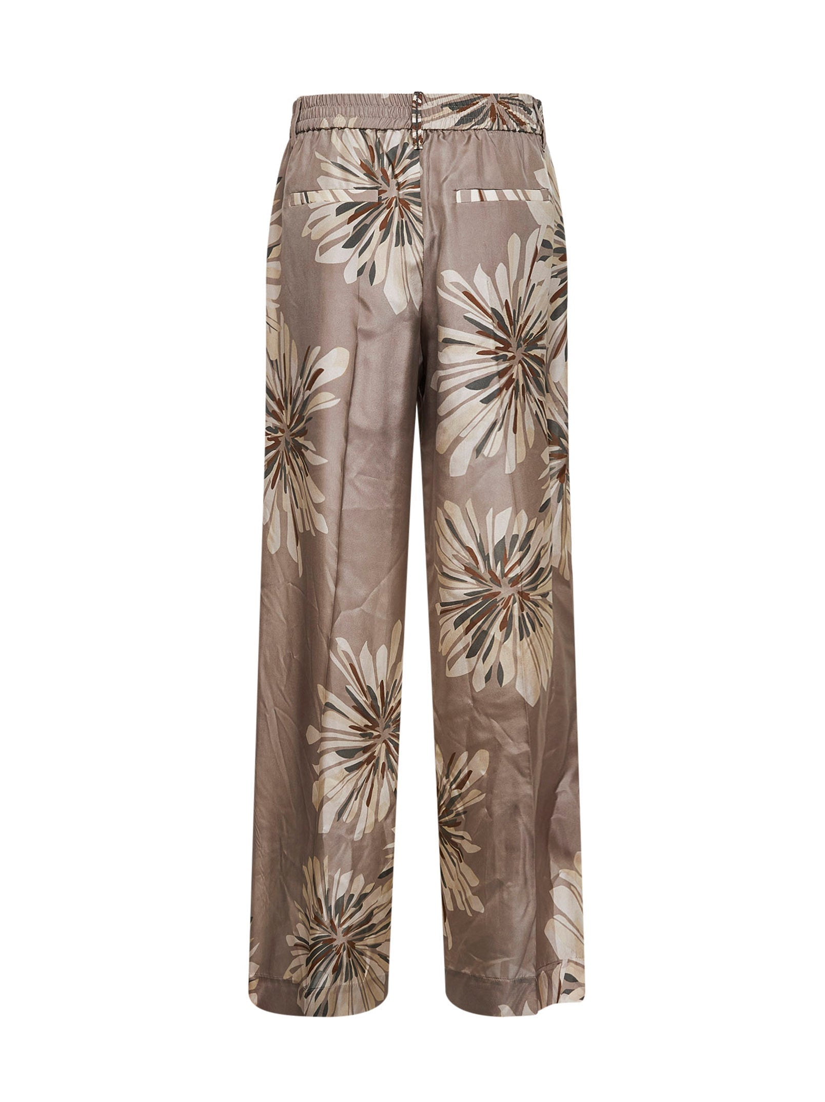 Brunello Cucinelli Women Khaki Silk Bloom Print Pongée Sartorial Track Trousers With Monili BRUNELLO CUCINELLI