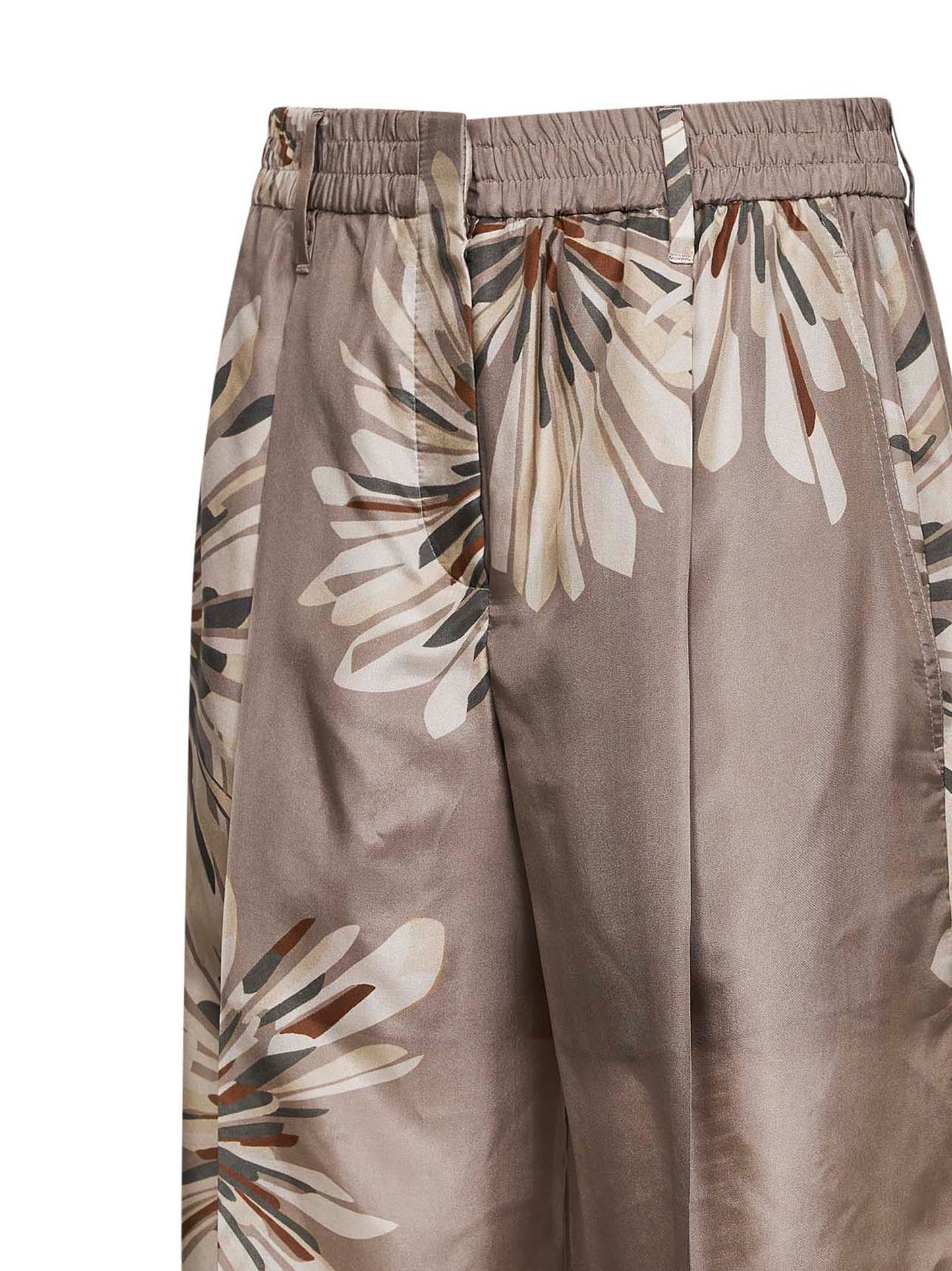 Brunello Cucinelli Women Khaki Silk Bloom Print Pongée Sartorial Track Trousers With Monili BRUNELLO CUCINELLI