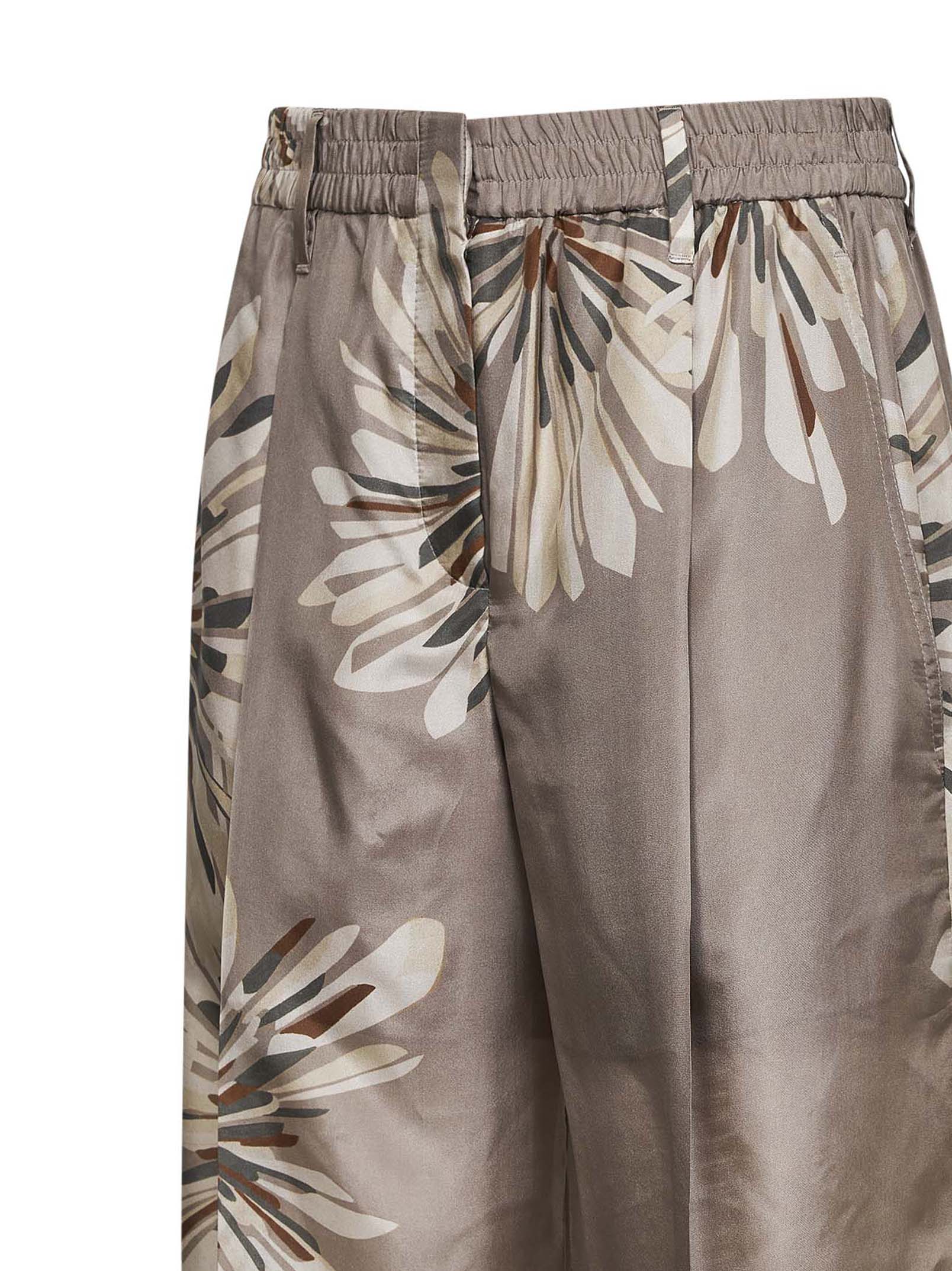 Brunello Cucinelli Women Khaki Silk Bloom Print Pongée Sartorial Track Trousers With Monili BRUNELLO CUCINELLI
