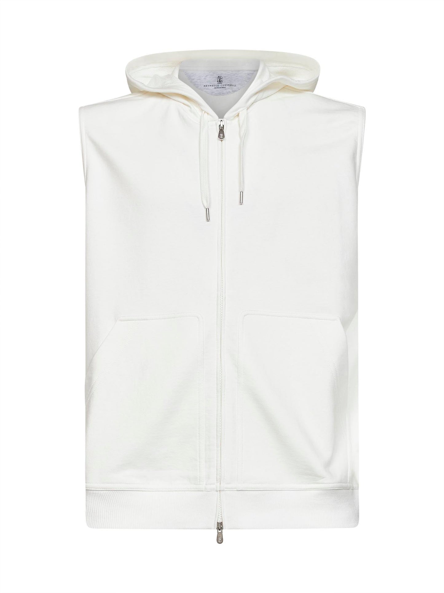 Brunello Cucinelli Men Off-White Techno Fleece Zip-Up Hooded Vest BRUNELLO CUCINELLI