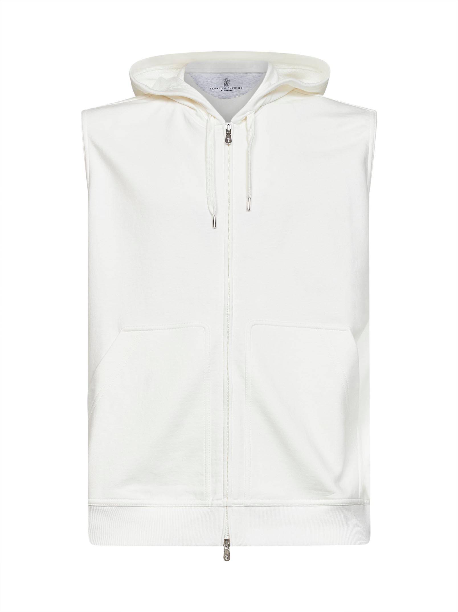 Brunello Cucinelli Men Off-White Techno Fleece Zip-Up Hooded Vest BRUNELLO CUCINELLI