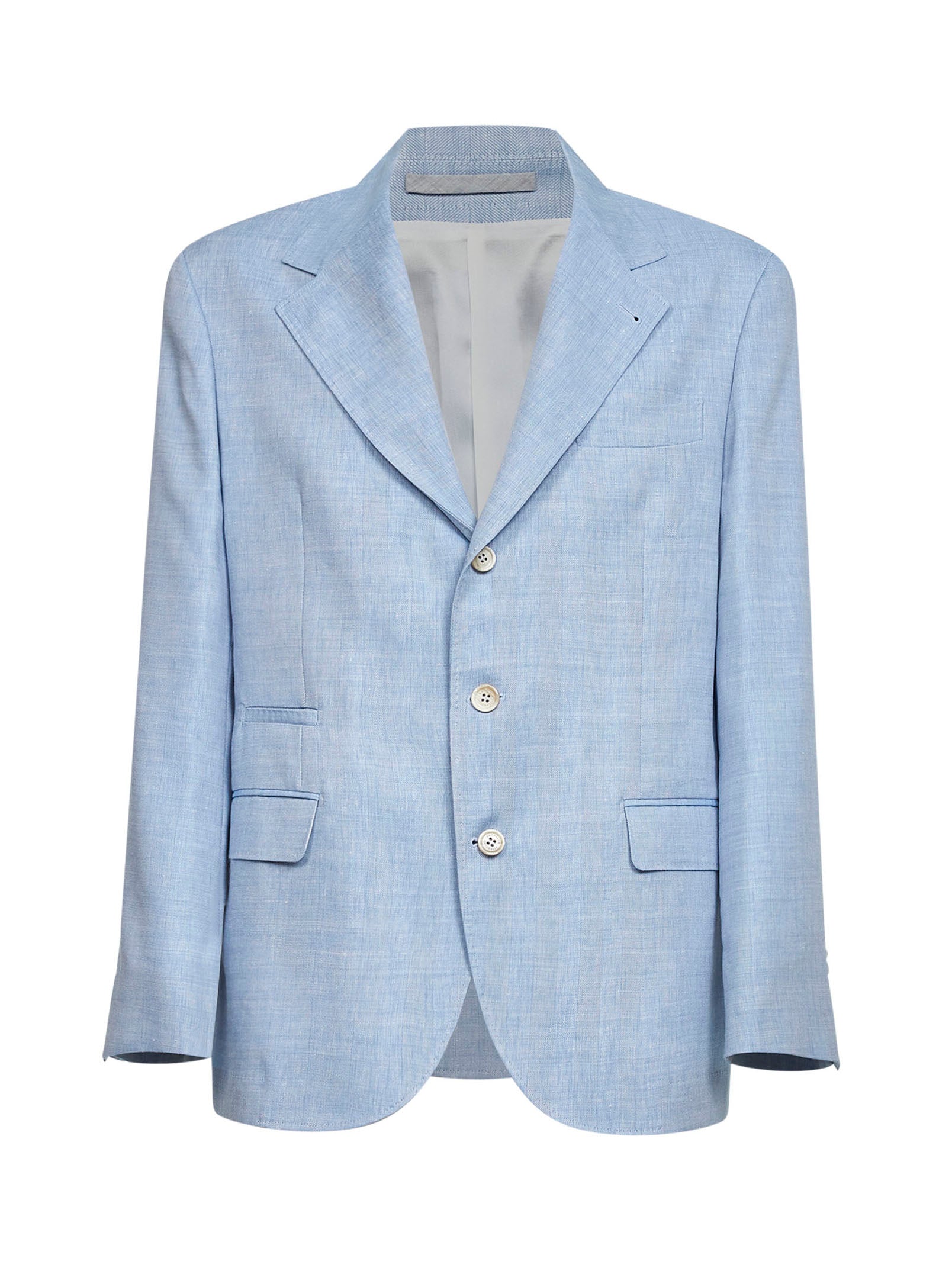 Brunello Cucinelli Men Light Blue Linen And Virgin Wool Chevron Deconstructed Blazer BRUNELLO CUCINELLI