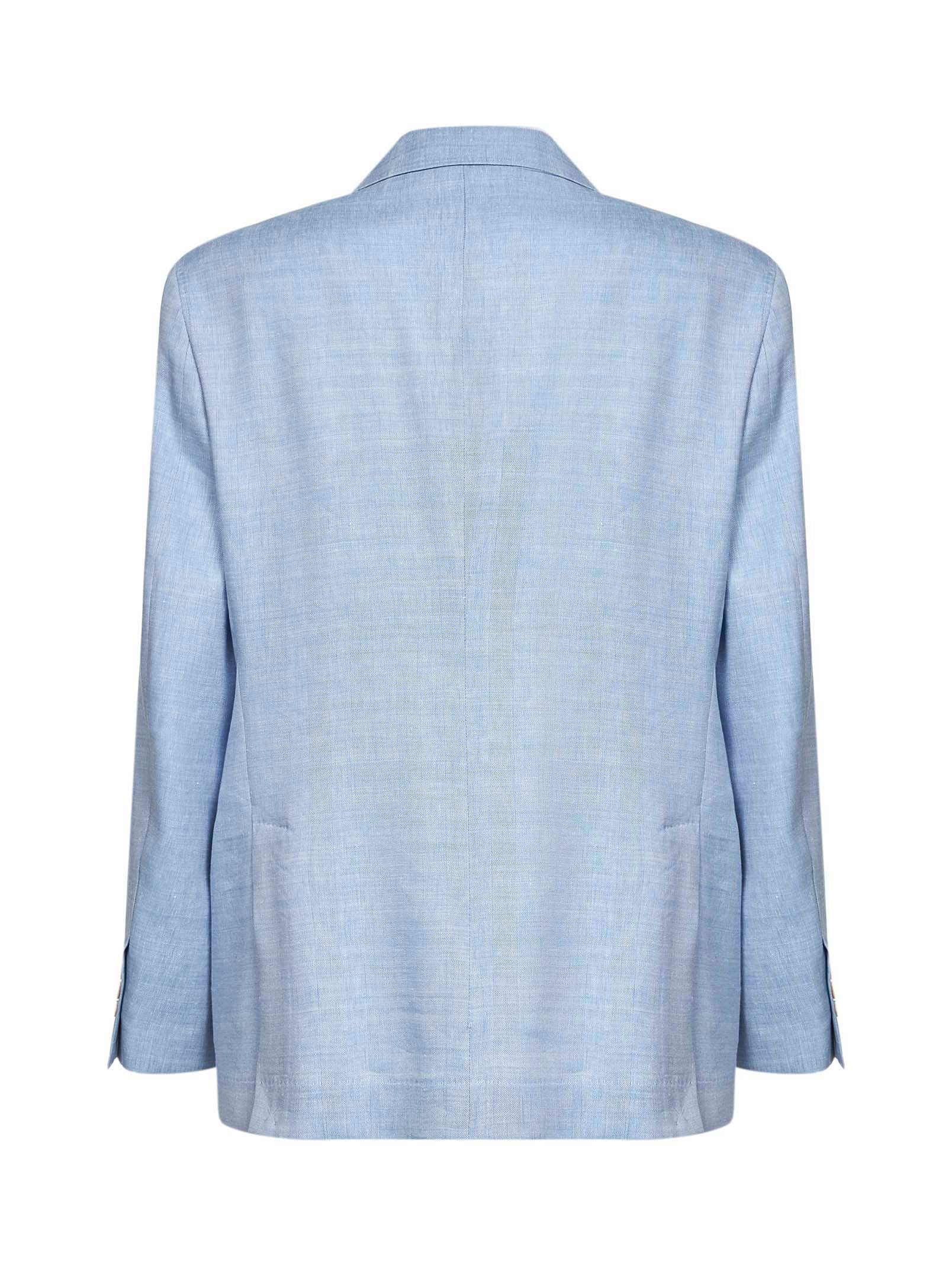 Brunello Cucinelli Men Light Blue Linen And Virgin Wool Chevron Deconstructed Blazer BRUNELLO CUCINELLI