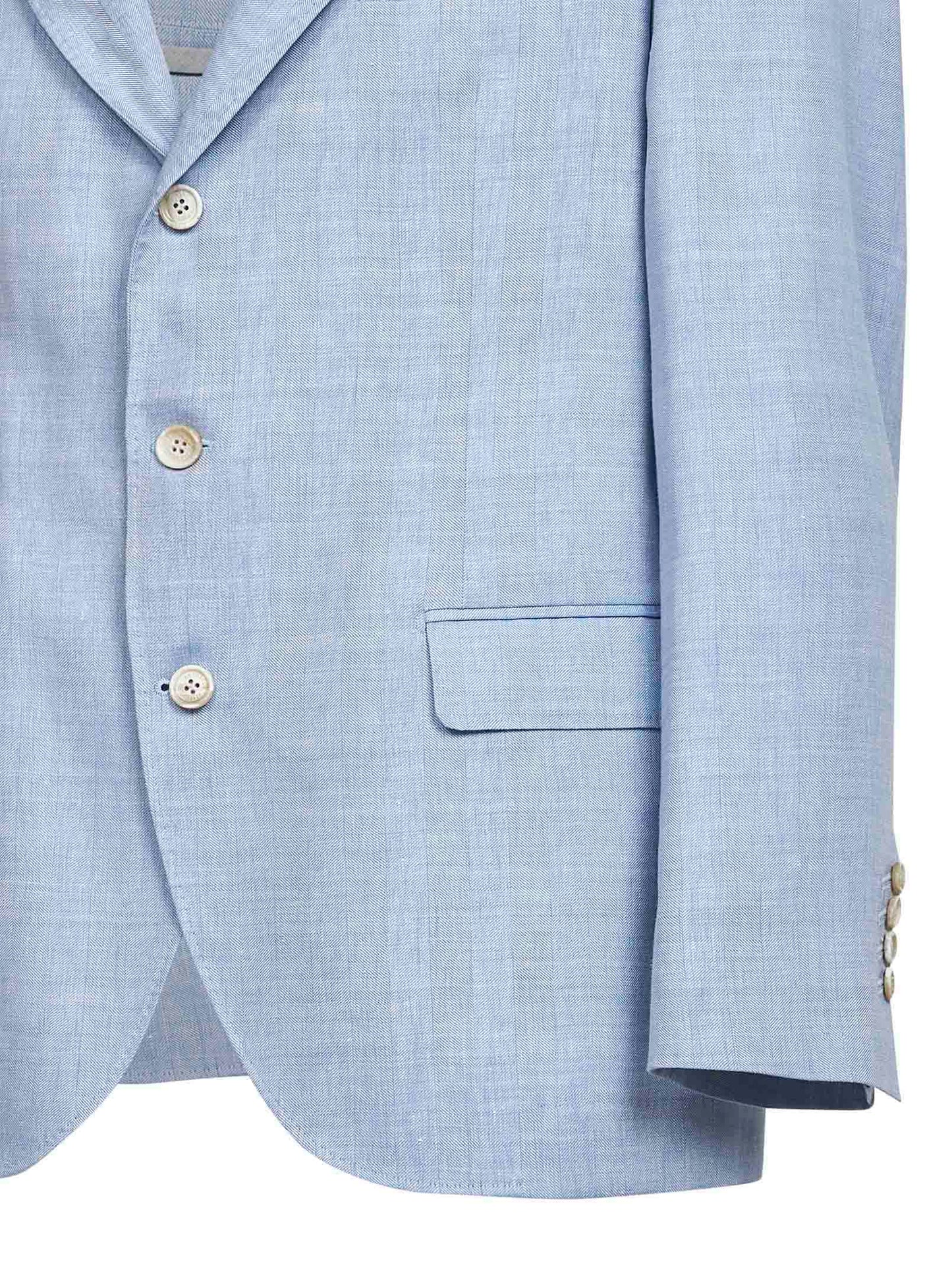 Brunello Cucinelli Men Light Blue Linen And Virgin Wool Chevron Deconstructed Blazer BRUNELLO CUCINELLI