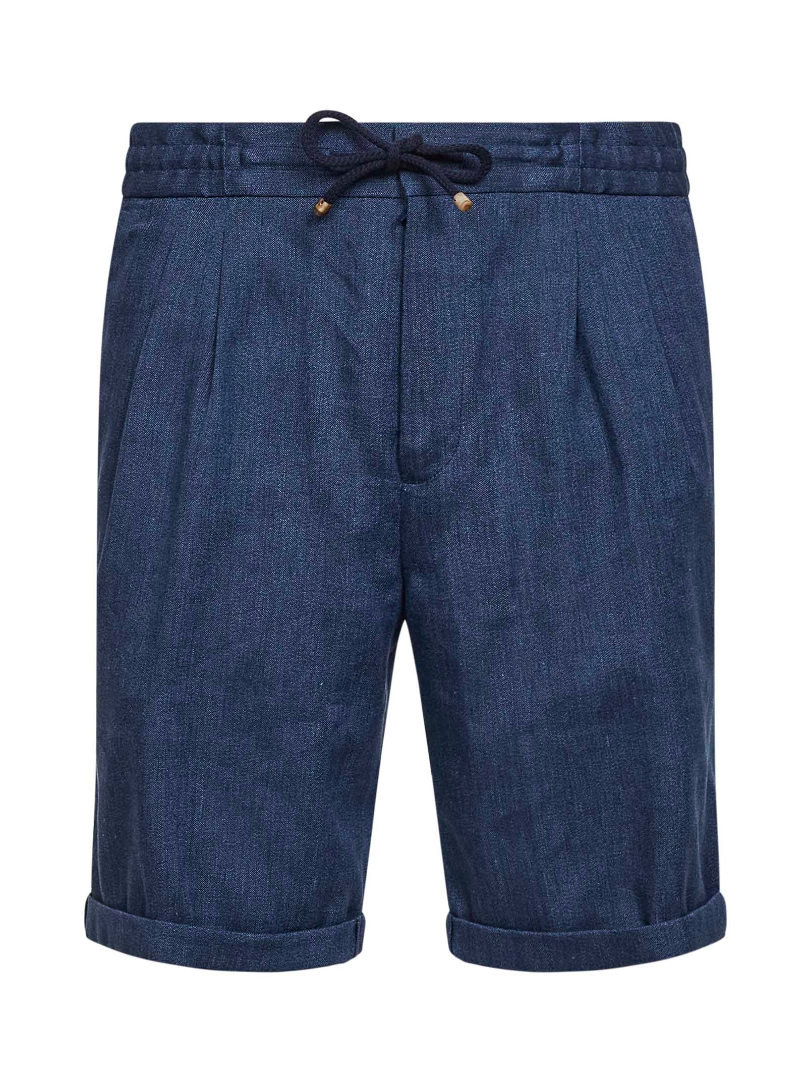 Brunello Cucinelli Men Blue Linen And Virgin Wool Chevron Bermuda Shorts BRUNELLO CUCINELLI