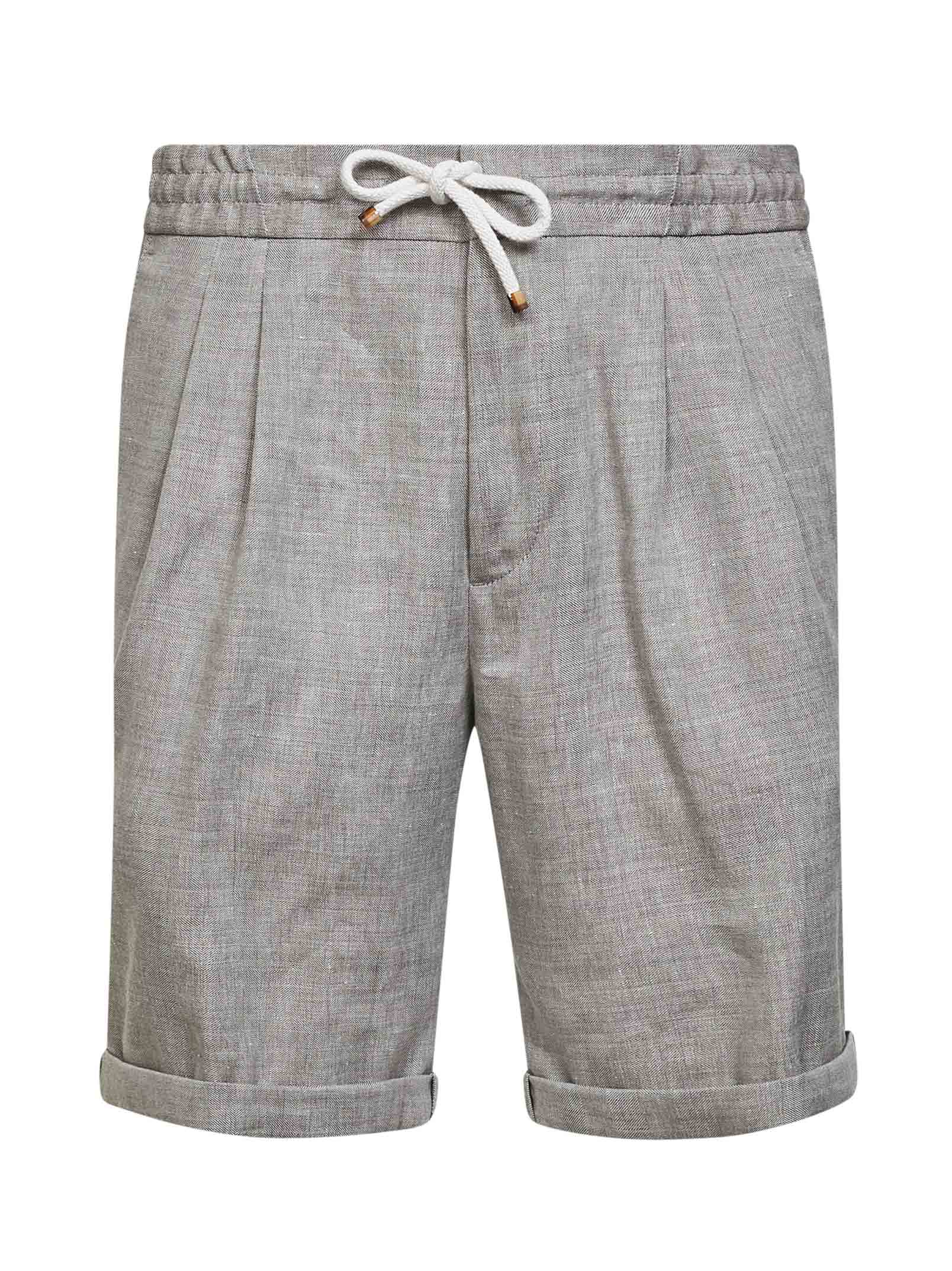 Brunello Cucinelli Men Light Brown Linen And Virgin Wool Chevron Bermuda Shorts BRUNELLO CUCINELLI