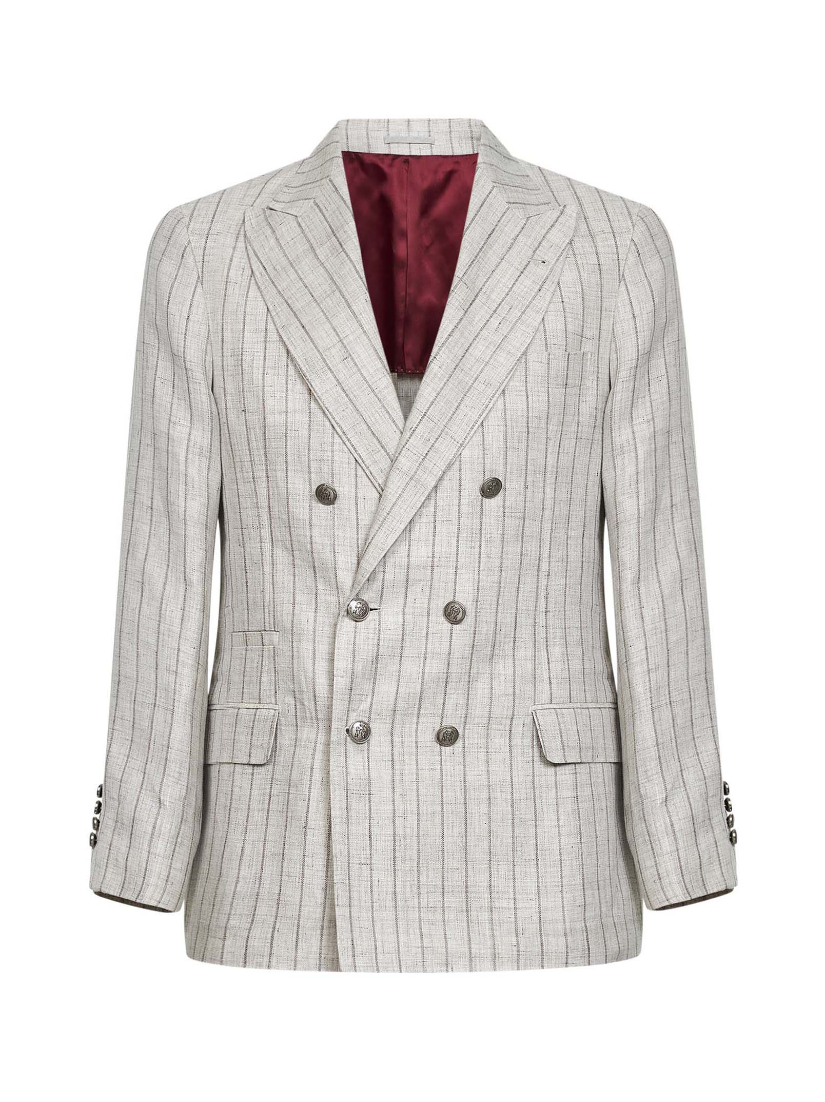 Brunello Cucinelli Men Light Grey Pinstriped Twill Deconstructed One-And-A-Half-Breasted Blazer BRUNELLO CUCINELLI