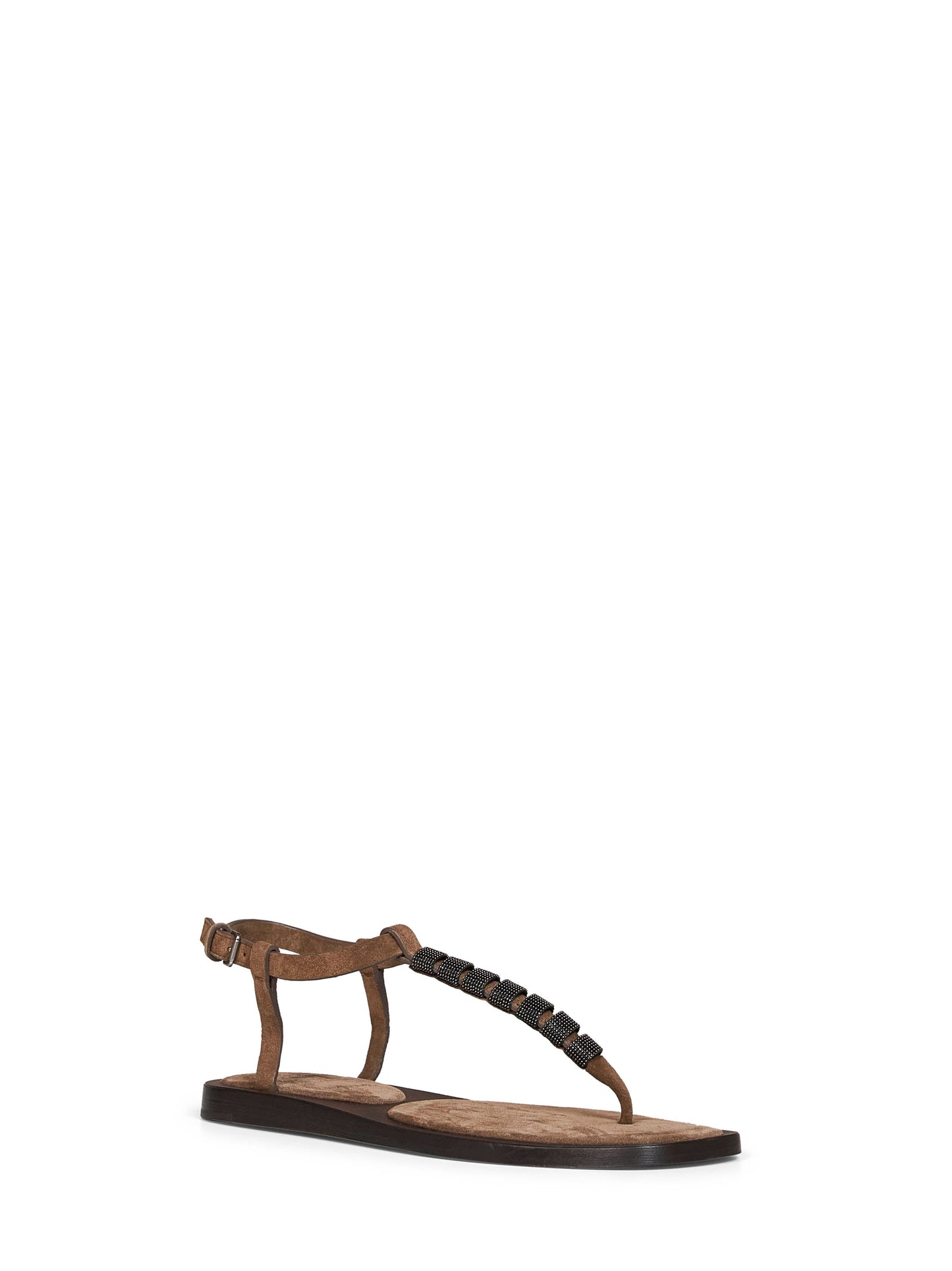 Brunello Cucinelli Women Brown Suede Thong Sandals With Monili BRUNELLO CUCINELLI