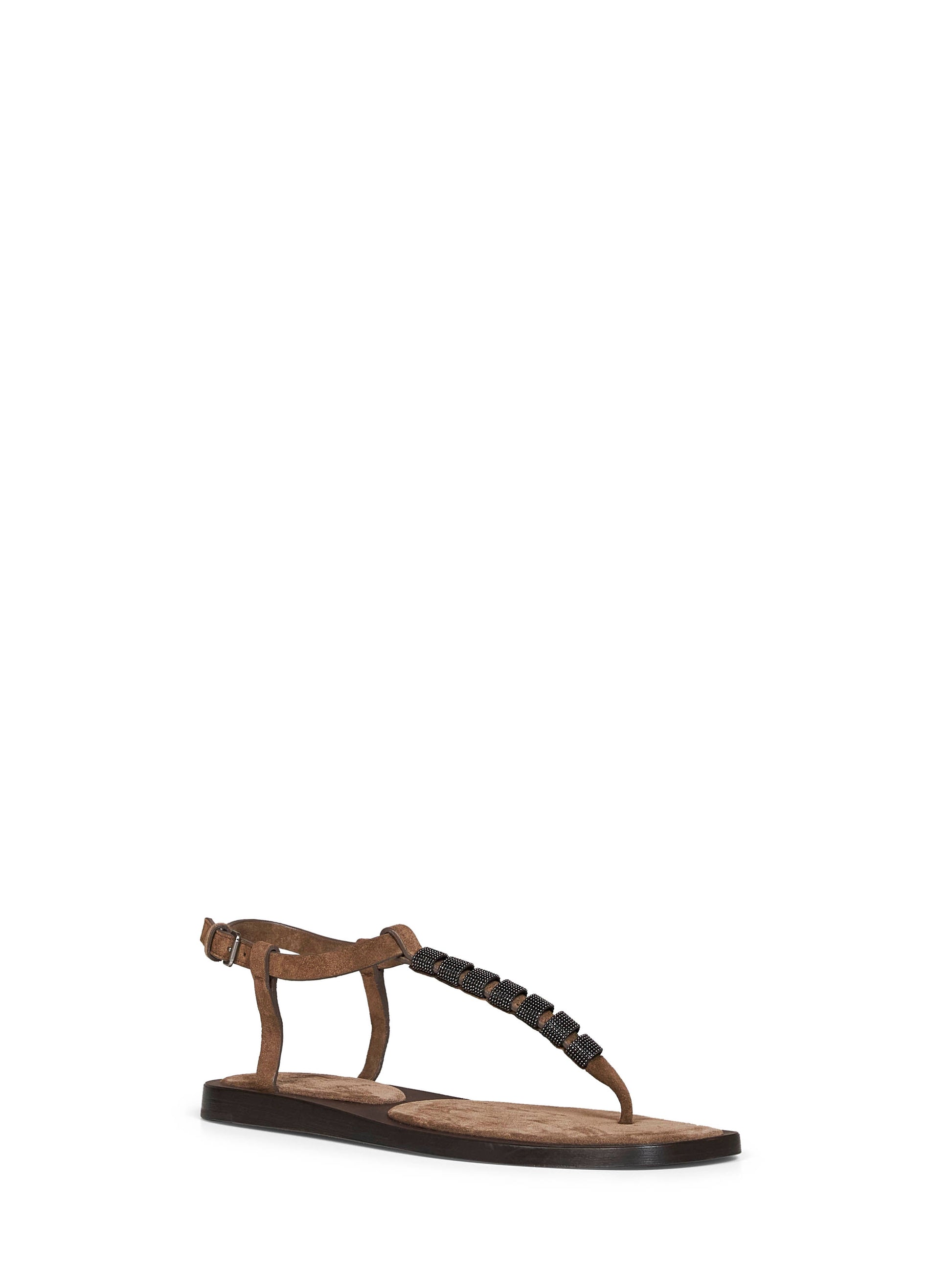 Brunello Cucinelli Women Brown Suede Thong Sandals With Monili BRUNELLO CUCINELLI