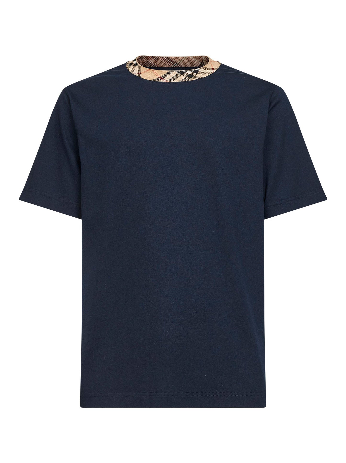 Burberry Men Navy Blue Cotton Check Trims T-Shirt BURBERRY