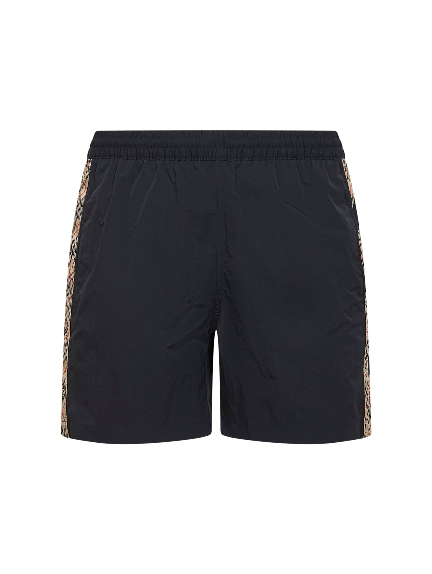 Burberry Men Black Nylon Swim Shorts With Check Trims BURBERRY