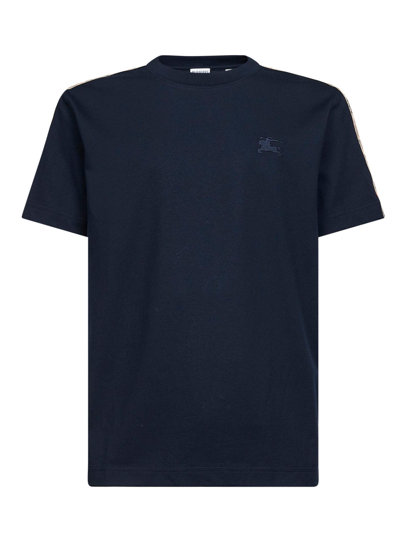 Burberry Men Blue Cotton T-Shirt With Check Trims BURBERRY