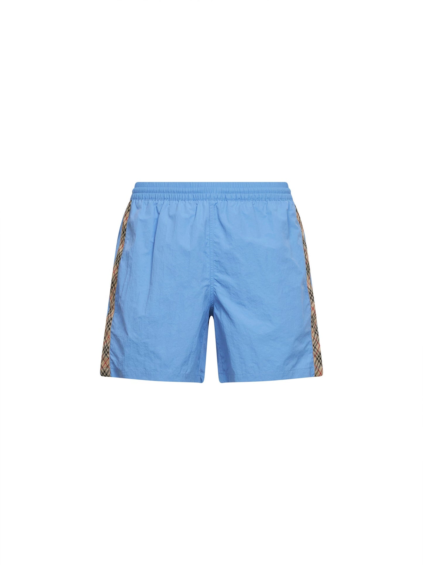 Burberry Men Cornflower Blue Nylon Swim Shorts With Check Trims BURBERRY