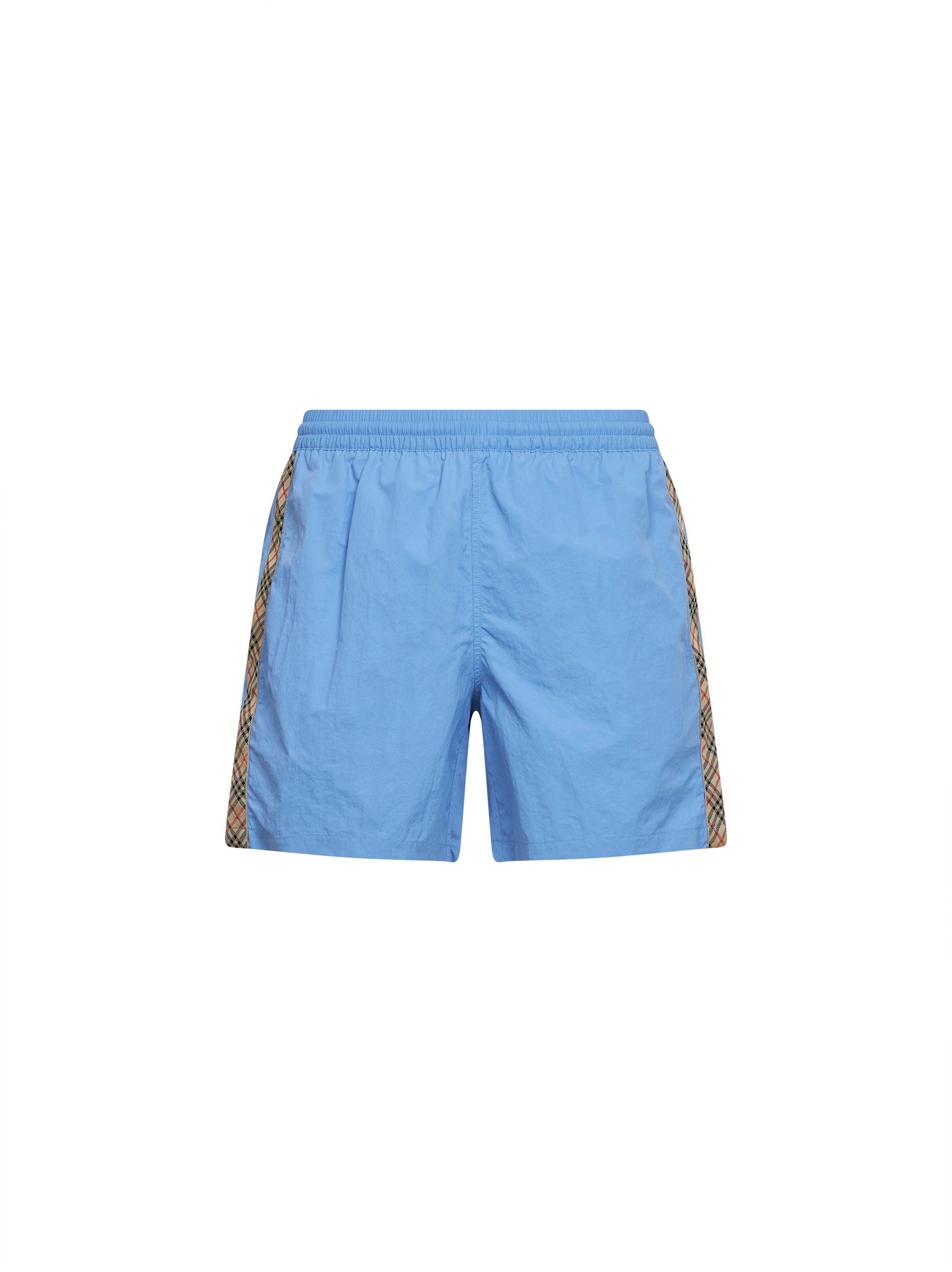 Burberry Men Cornflower Blue Nylon Swim Shorts With Check Trims BURBERRY