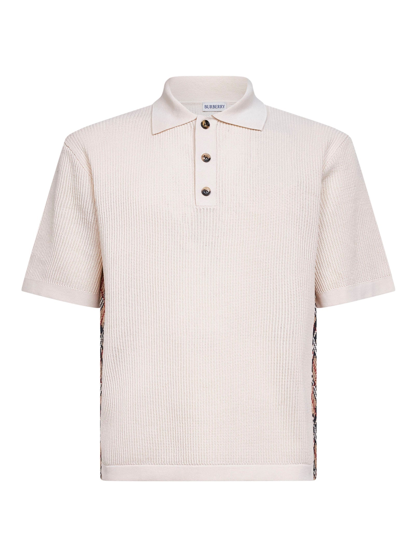 Burberry Men Beige Cotton Mesh Polo Shirt With Check Trims BURBERRY