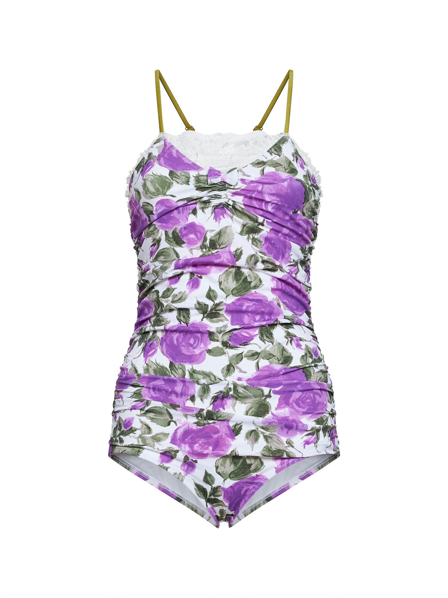 Chloé Women White And Purple Rose-Print Stretch Polyamide Gathered Bodysuit CHLOE