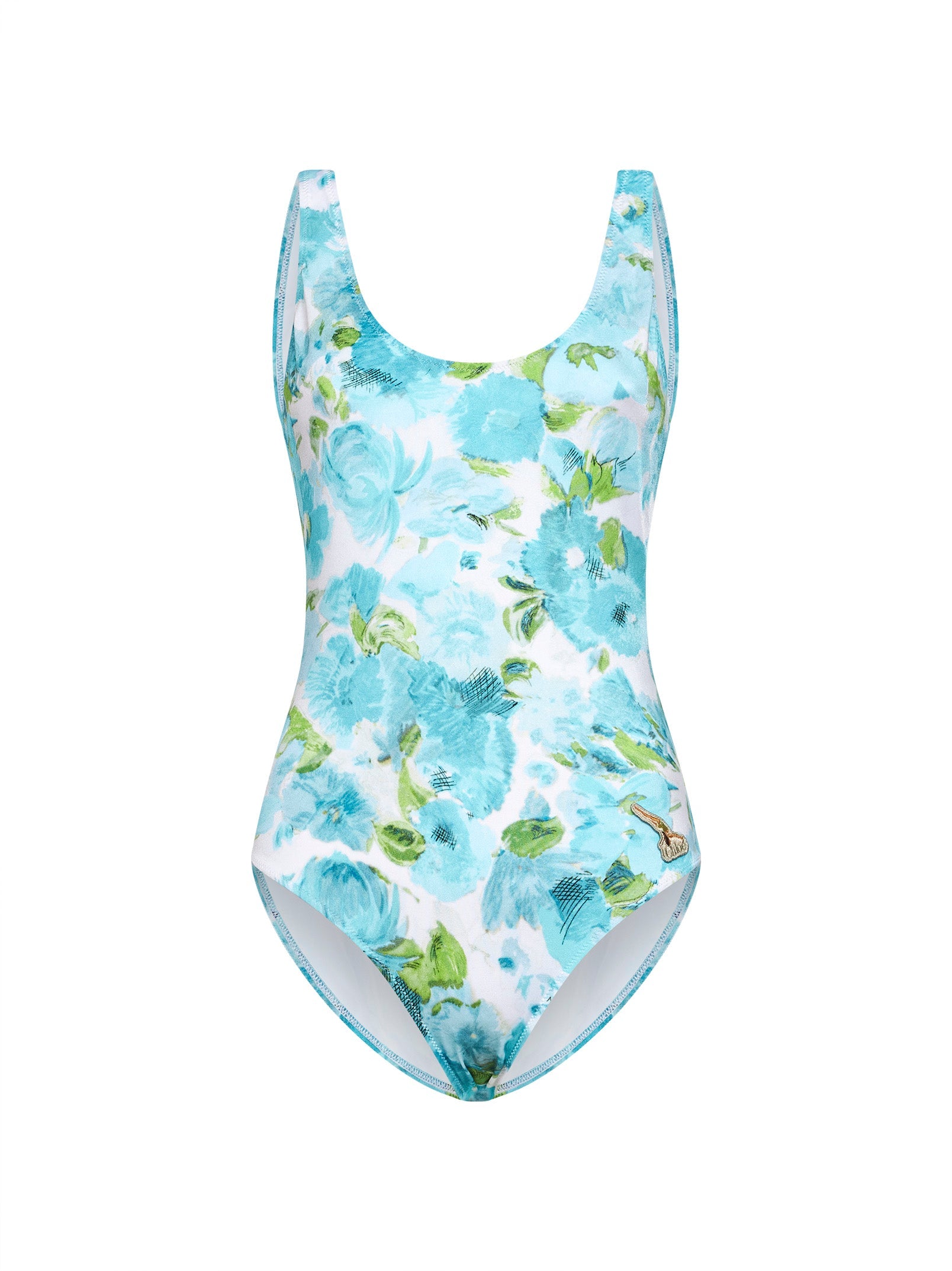 Chloé Women White And Blue Aqua Flower-Print Lycra One-Piece Swimsuit CHLOE