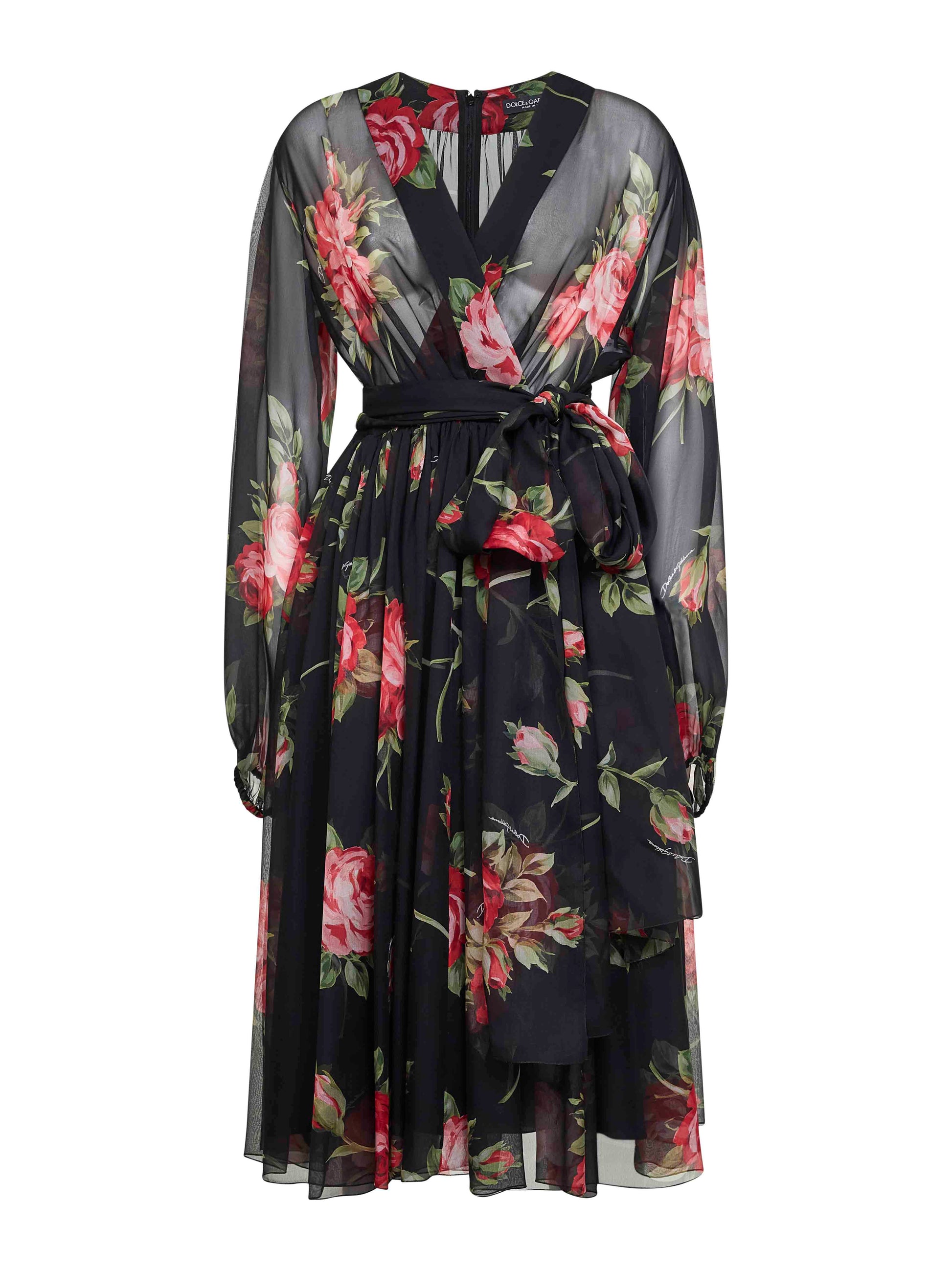 Dolce & Gabbana Women Black Rose Bouquet Printed Chiffon Dress DOLCE & GABBANA
