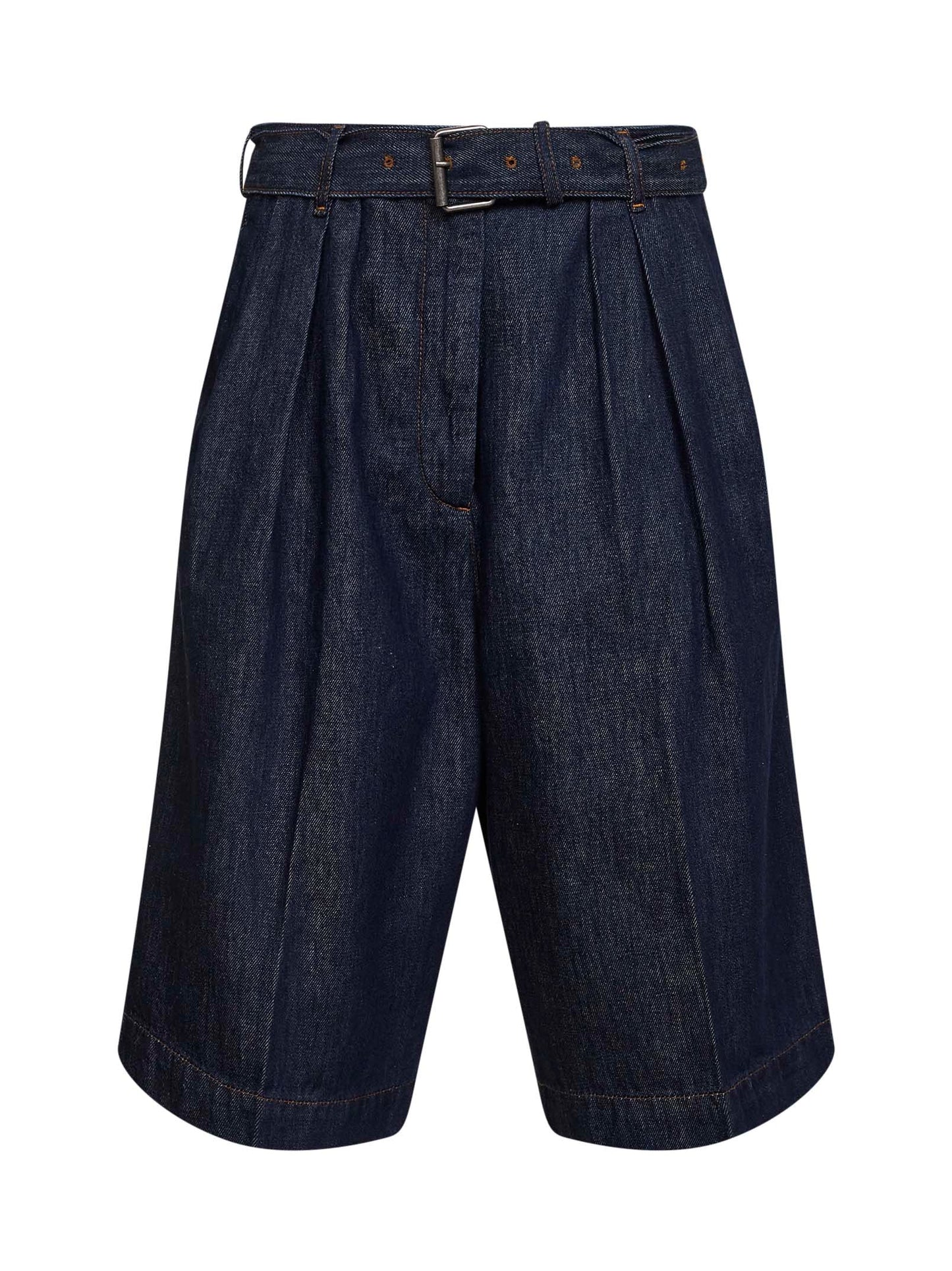 Dries Van Noten Women Indigo Denim Belted And Pleated Bermuda Shorts DRIES VAN NOTEN