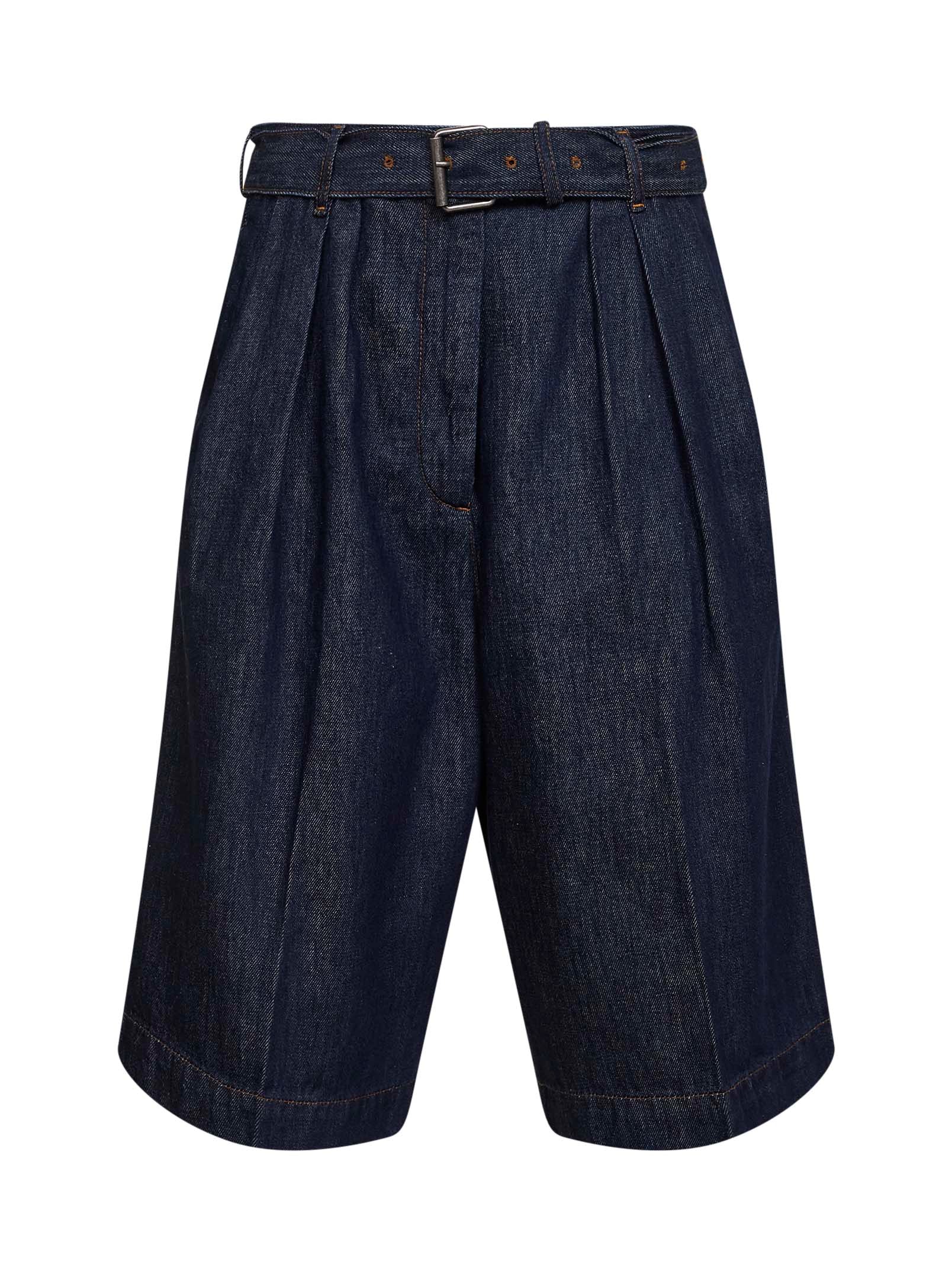 Dries Van Noten Women Indigo Denim Belted And Pleated Bermuda Shorts DRIES VAN NOTEN