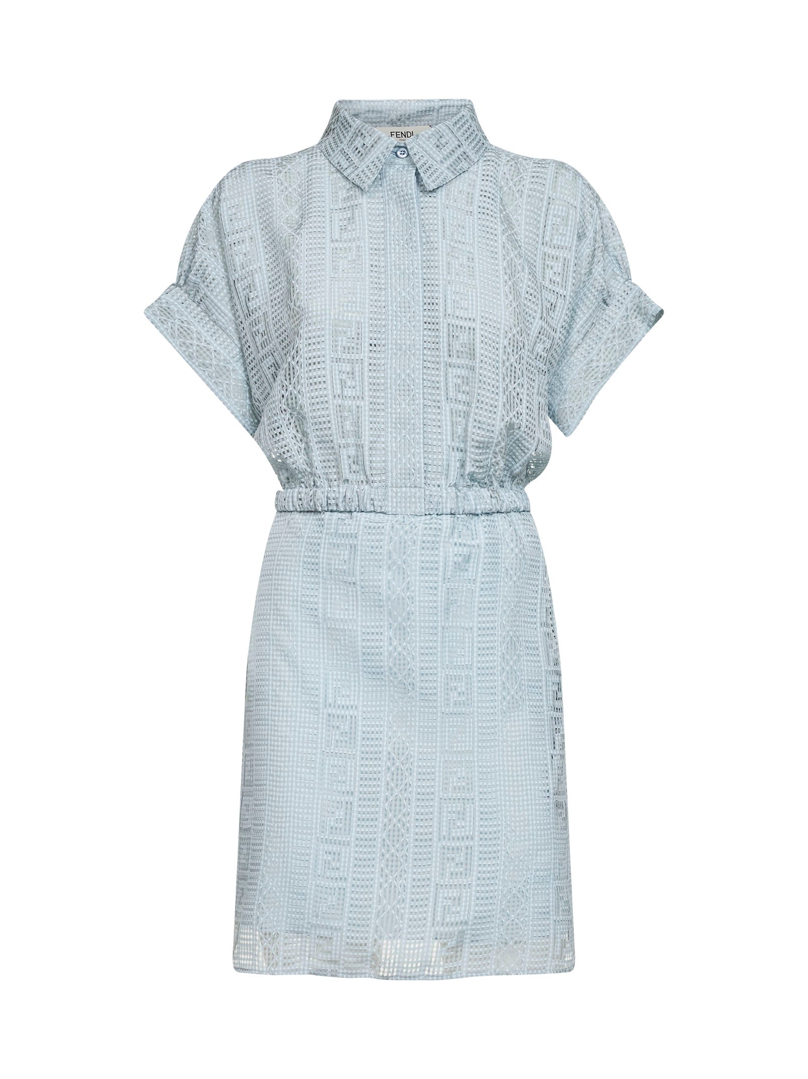 Fendi Women Light Blue Burnout Silk Blend Mini Shirt Dress FENDI