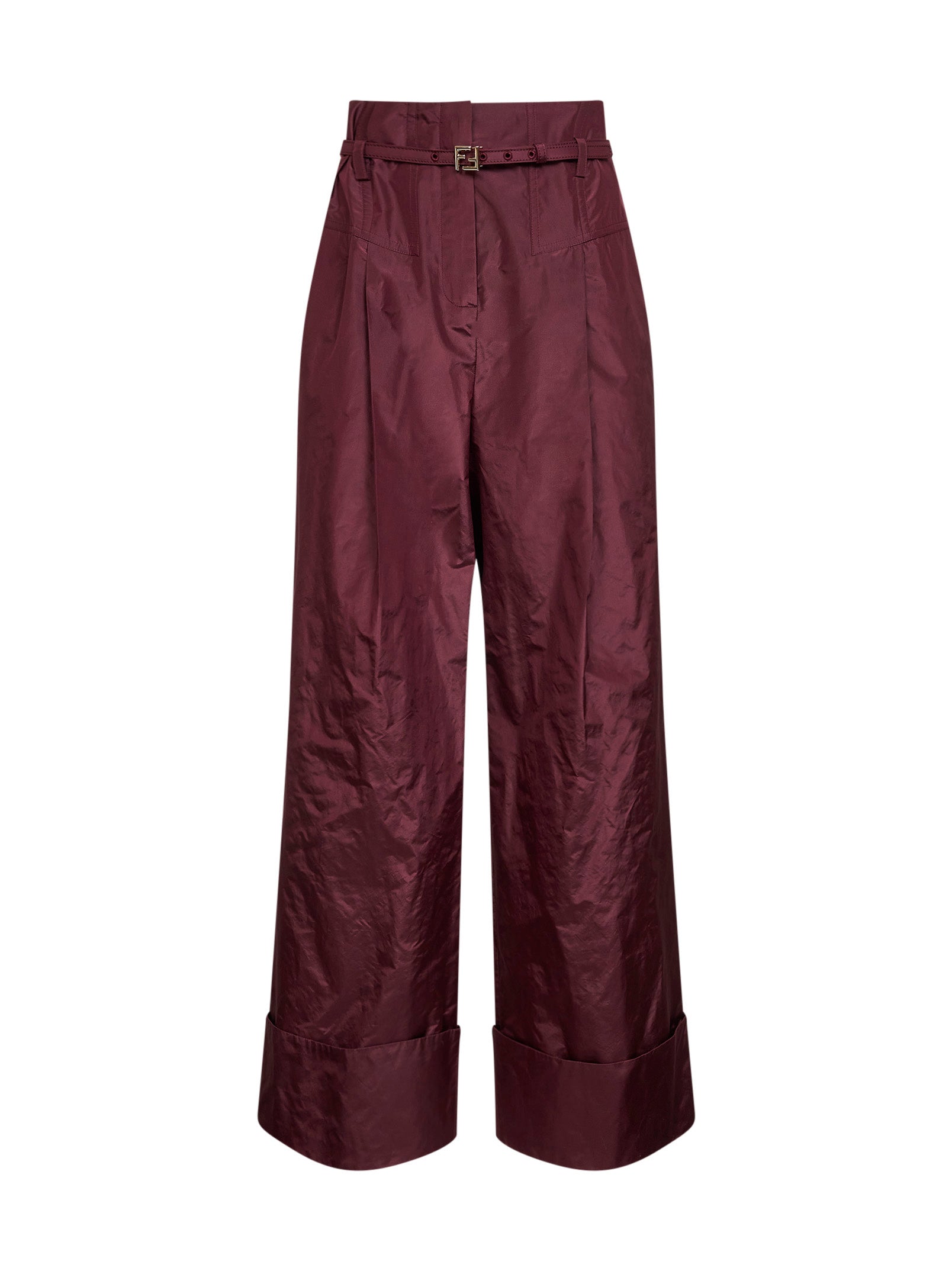 Fendi Women Burgundy Silk Taffeta High-Rise Trousers FENDI