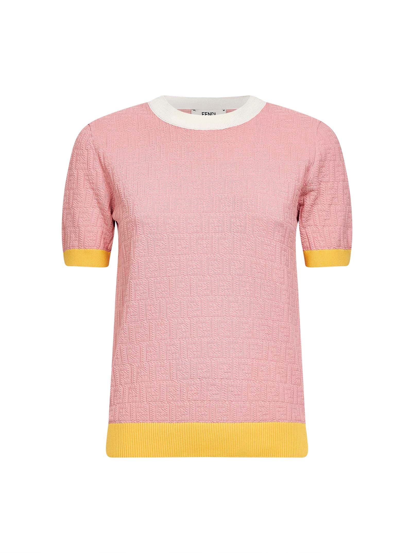 Fendi Women Pink Ff Cotton And Silk Sweater With Color Block Edges FENDI