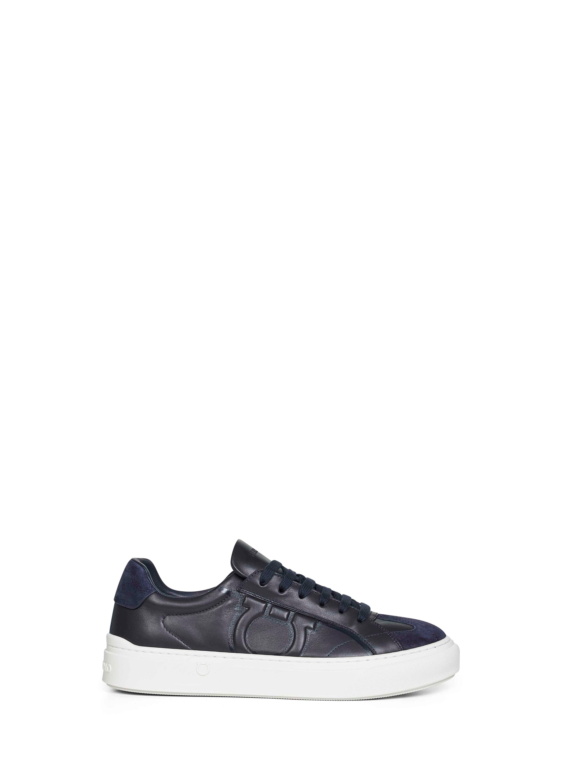 Ferragamo Men Navy Blue Leather Gancini Sneakers FERRAGAMO
