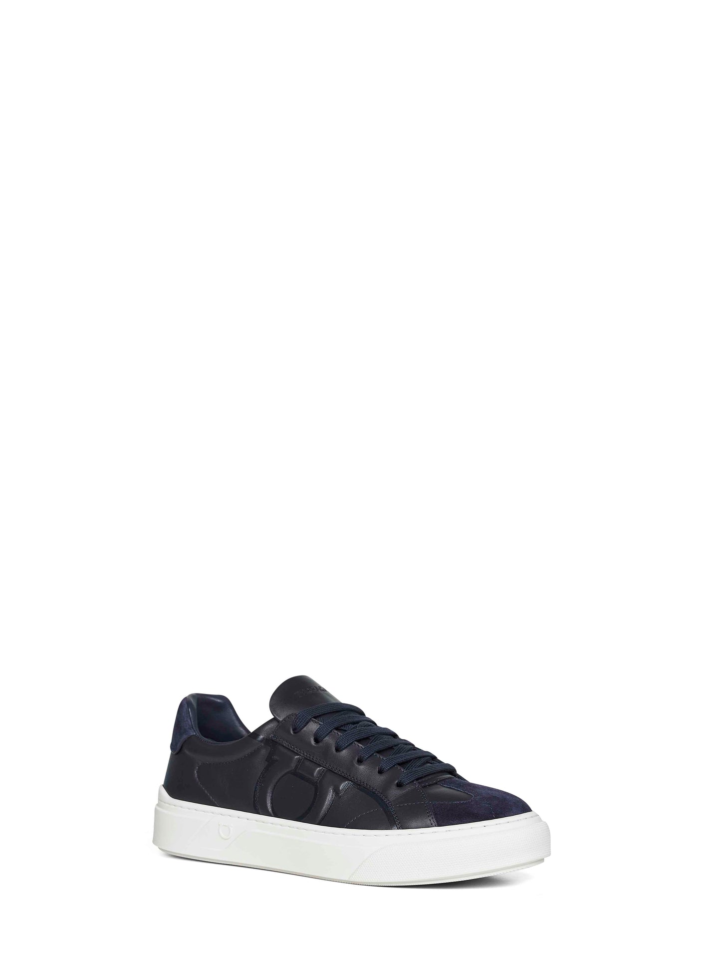 Ferragamo Men Navy Blue Leather Gancini Sneakers FERRAGAMO