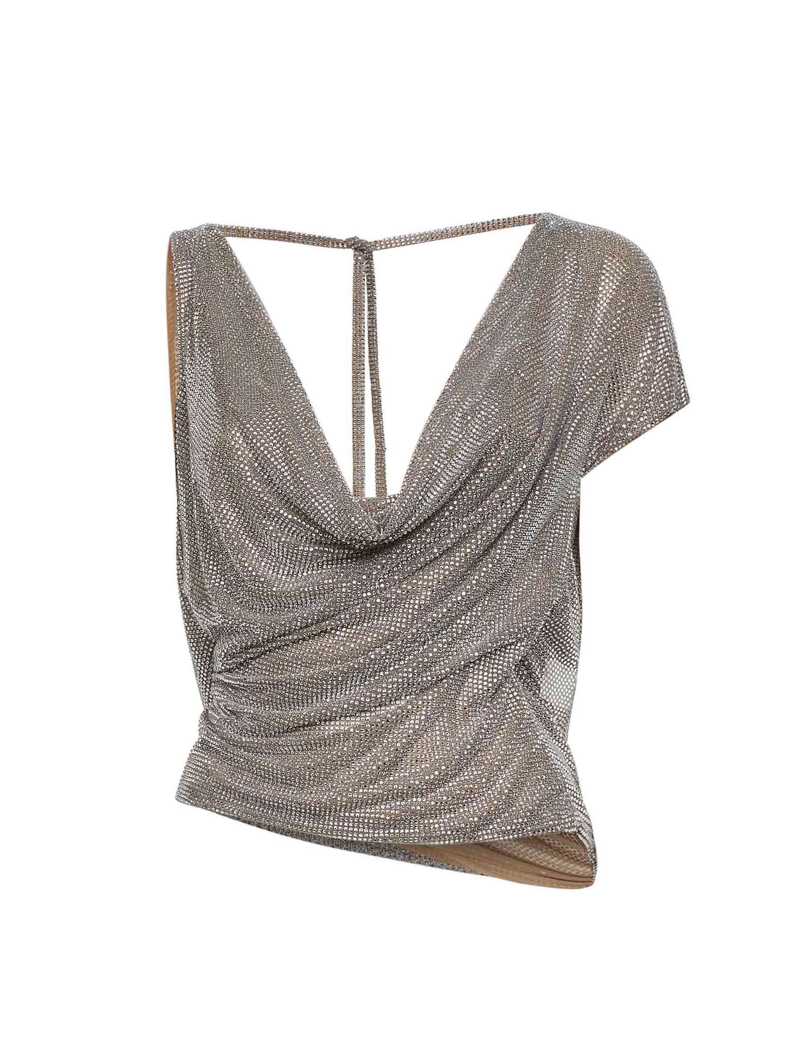 Giuseppe Di Morabito Women Silver Crystal Asymmetric Draped Top GIUSEPPE DI MORABITO