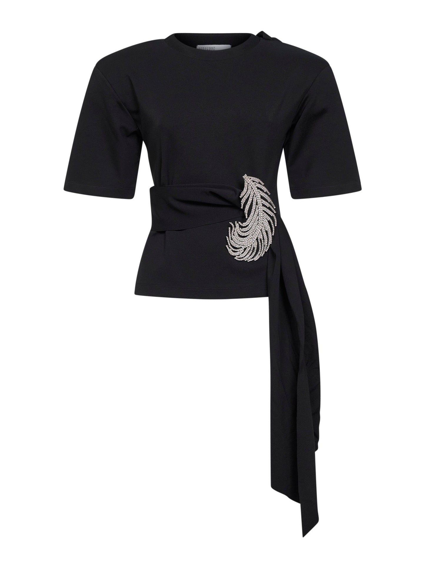 Giuseppe Di Morabito Women Black Stretch Jersey T-Shirt With Crystal Feather GIUSEPPE DI MORABITO