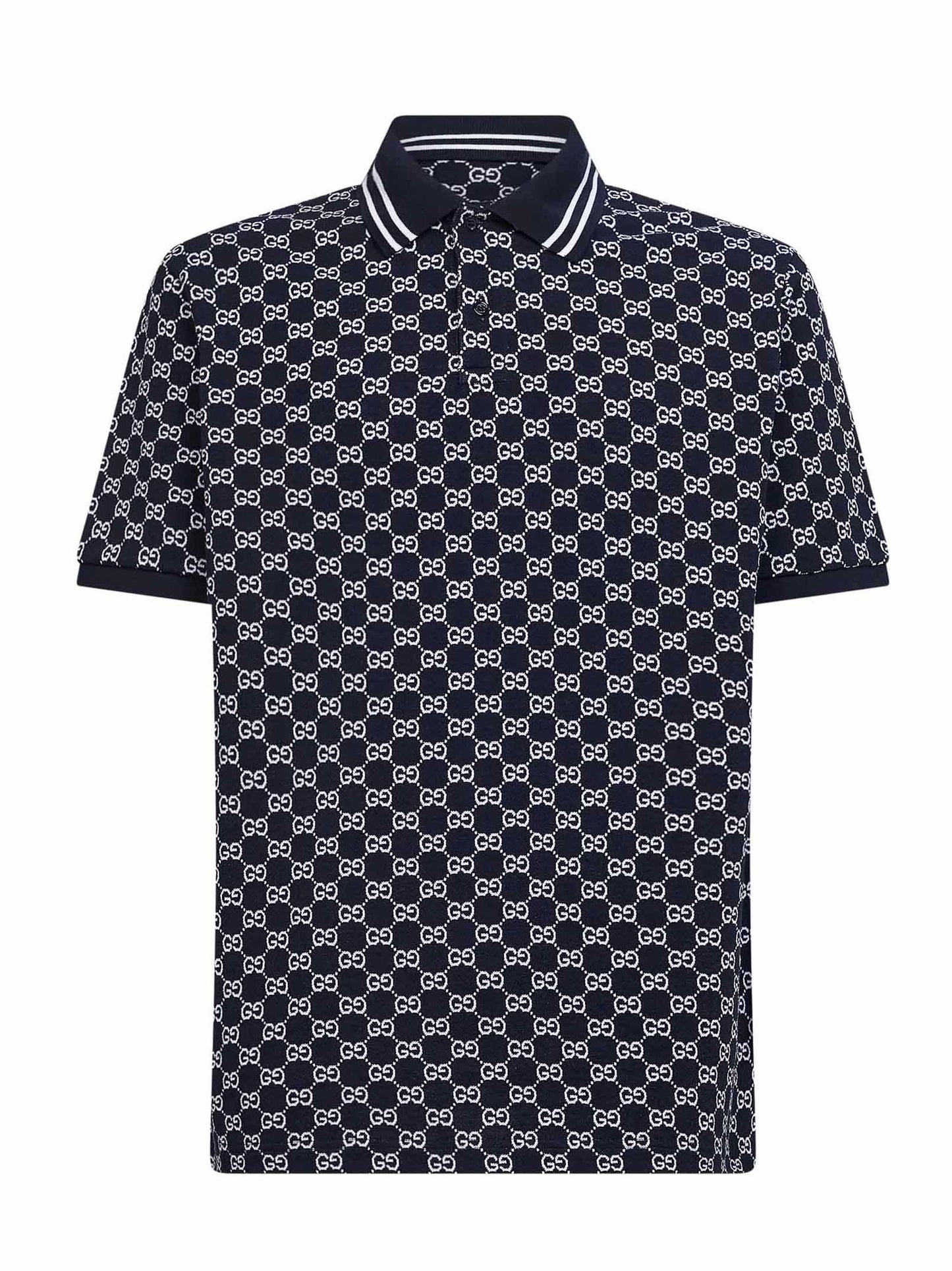 Gucci Men Navy Blue And White Gg Jacquard Cotton Pique Polo Shirt GUCCI