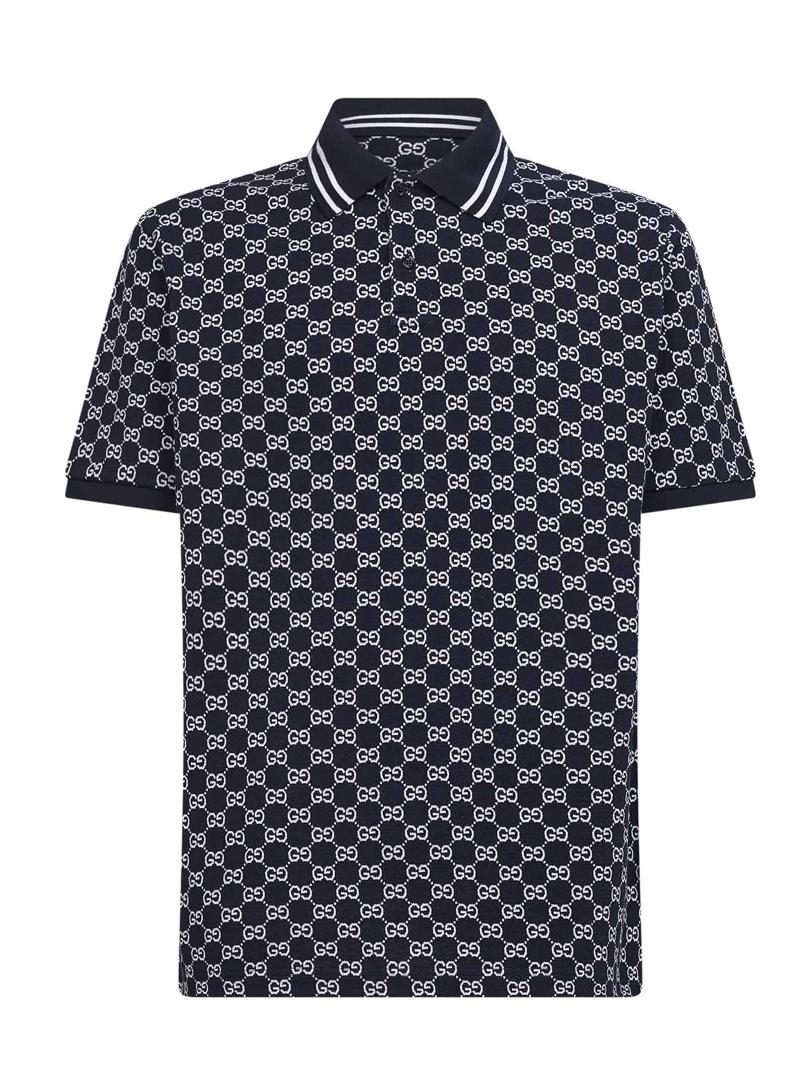 Gucci Men Navy Blue And White Gg Jacquard Cotton Pique Polo Shirt GUCCI