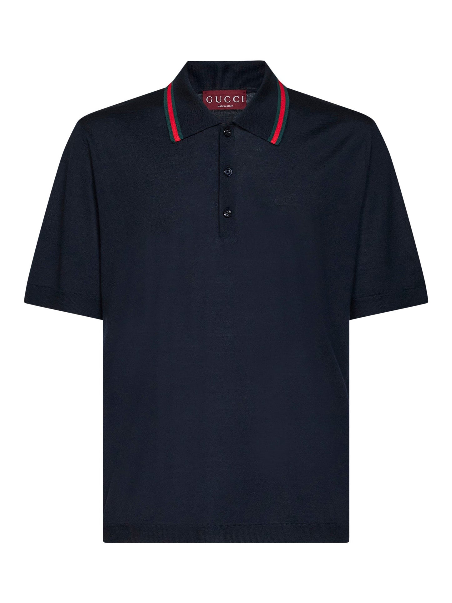 Gucci Men Dark Blue Wool Knit Polo With Web Pattern GUCCI