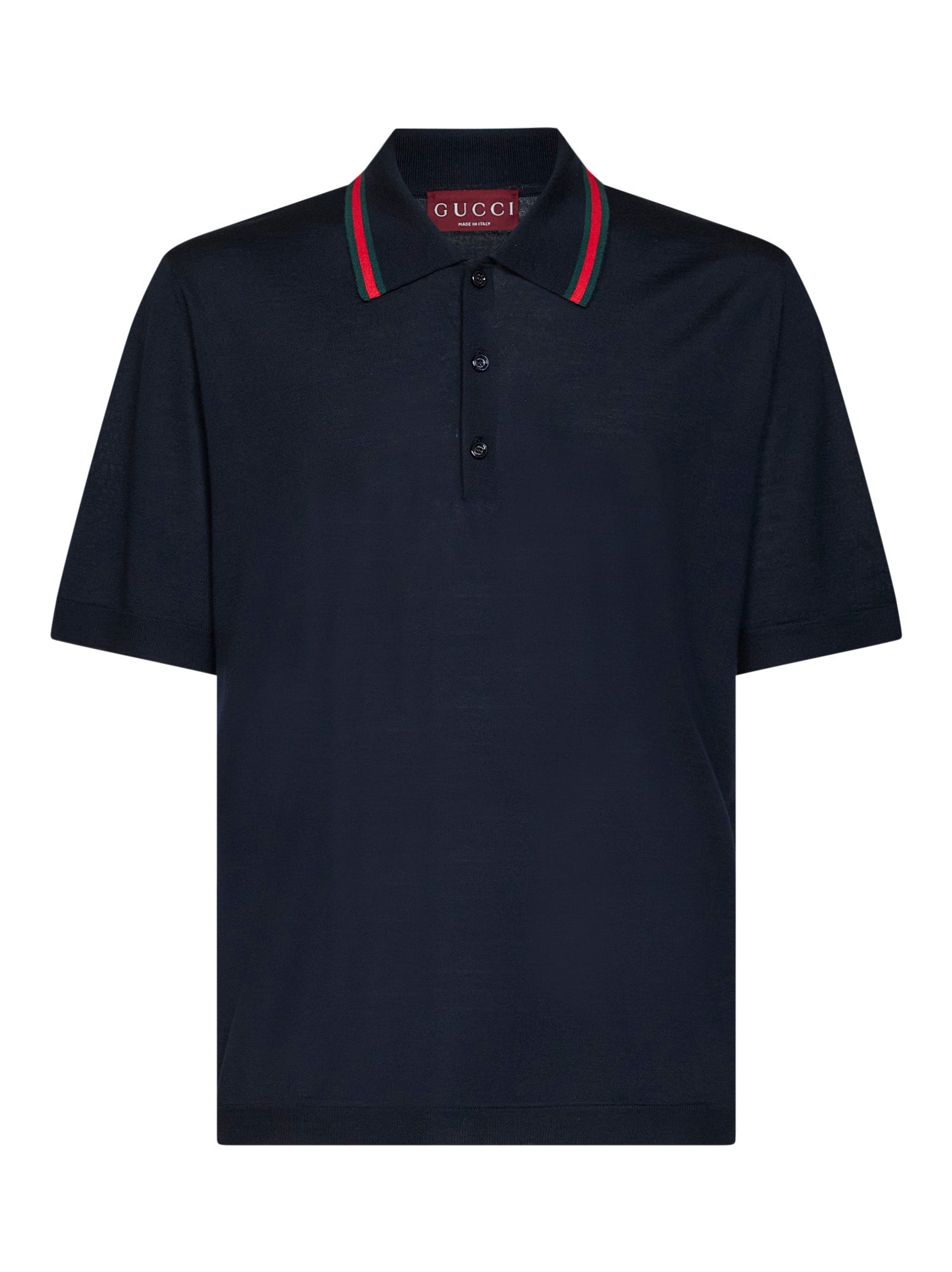 Gucci Men Dark Blue Wool Knit Polo With Web Pattern GUCCI