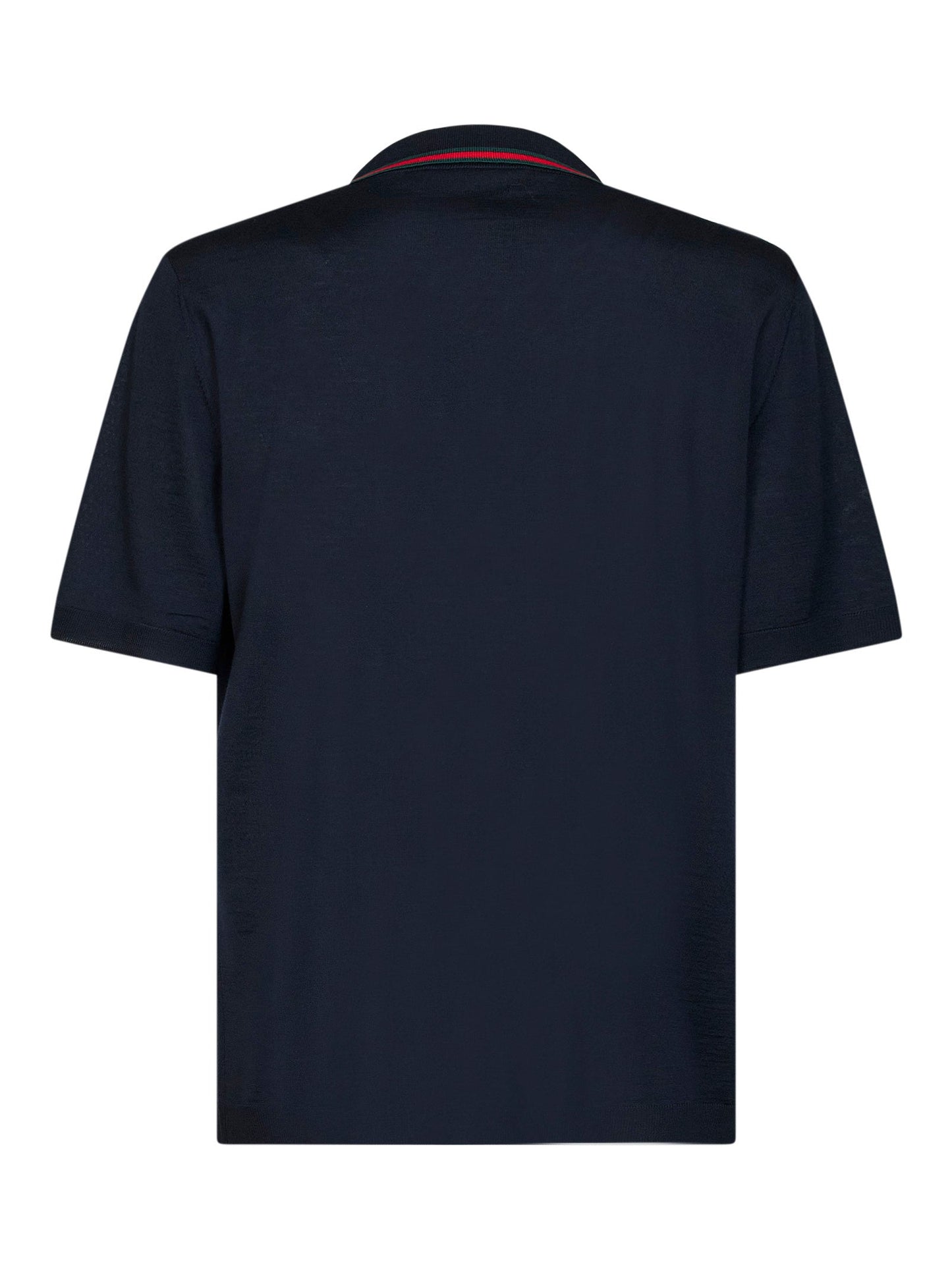 Gucci Men Dark Blue Wool Knit Polo With Web Pattern GUCCI