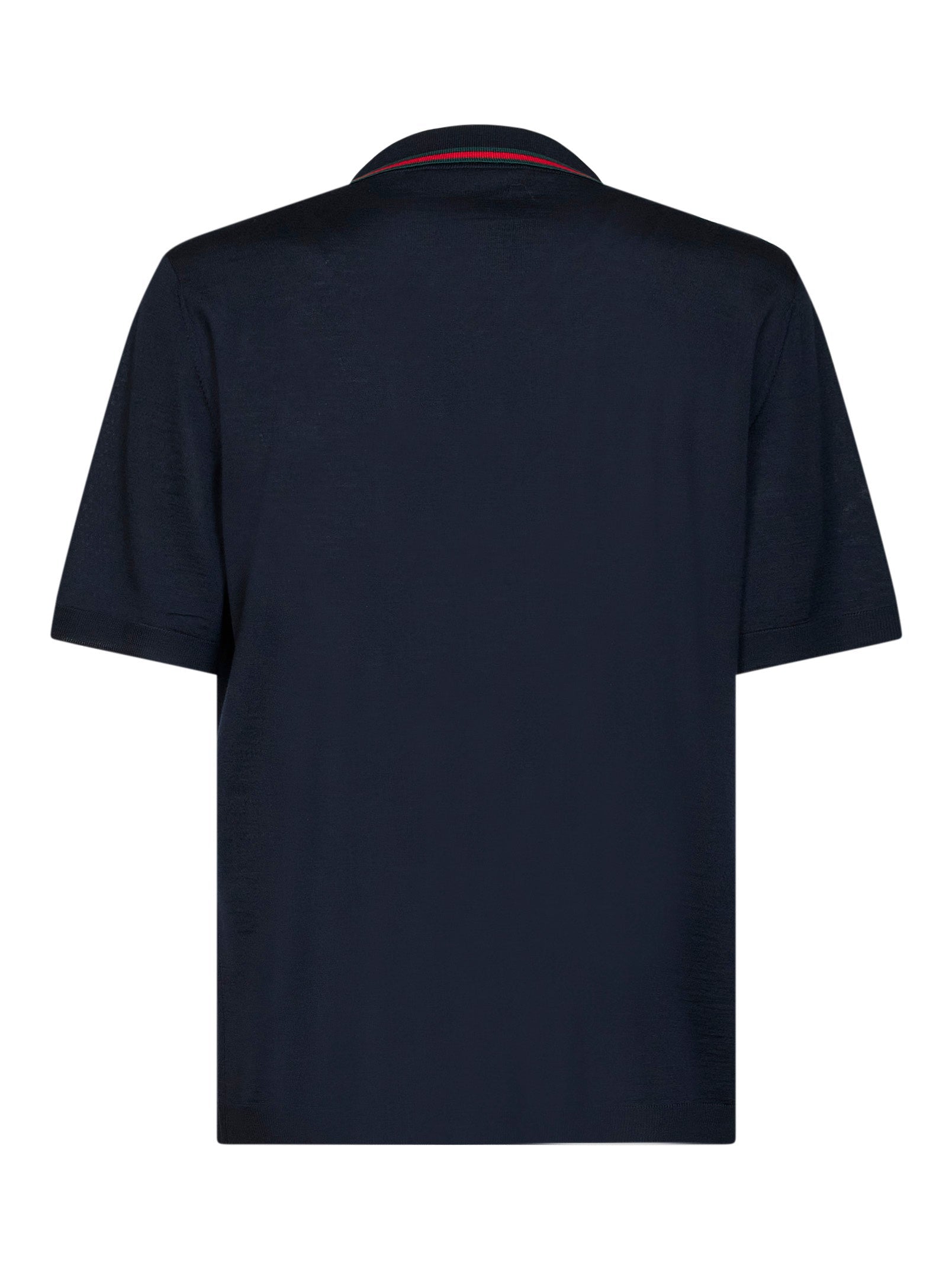 Gucci Men Dark Blue Wool Knit Polo With Web Pattern GUCCI