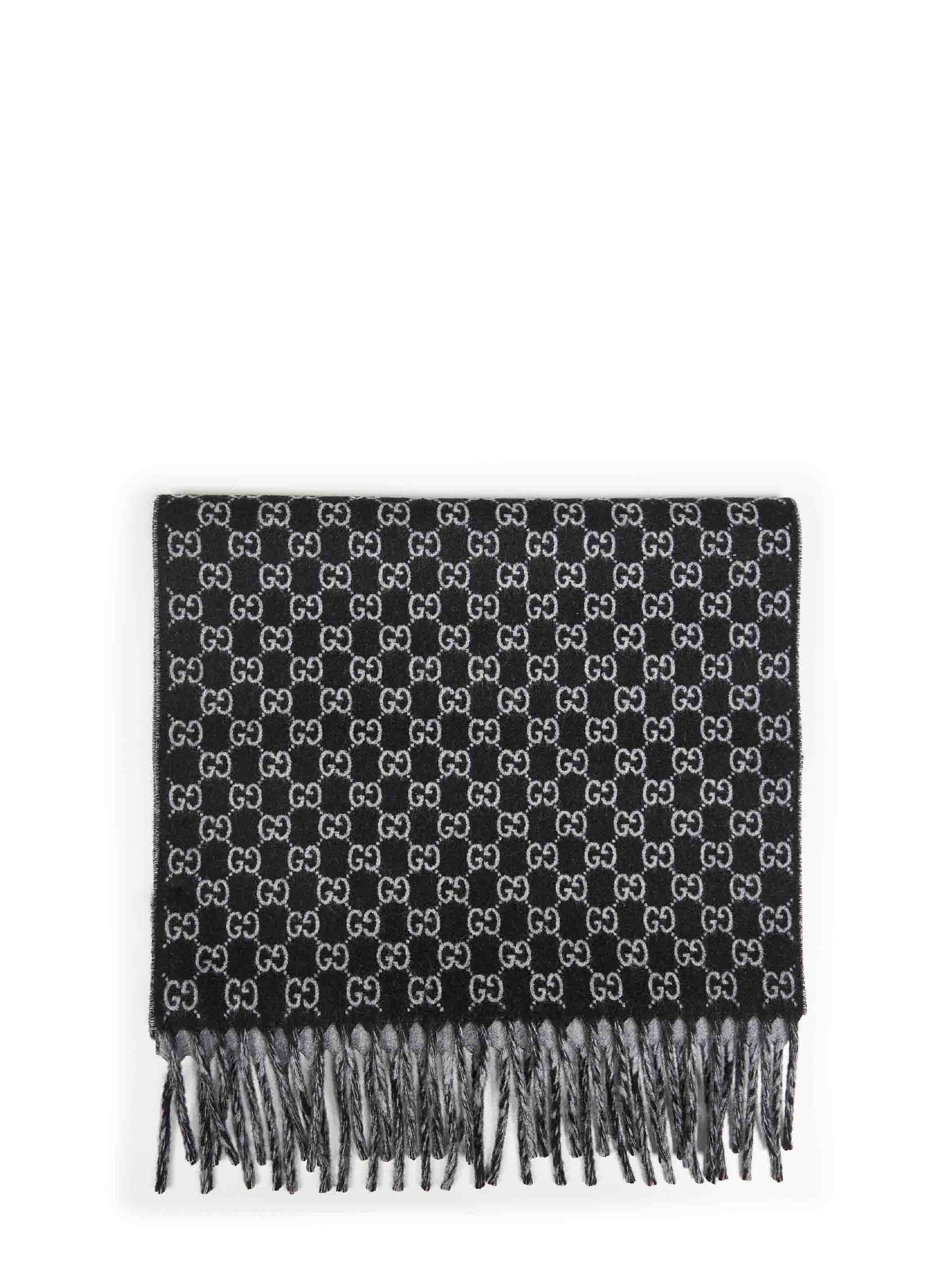 Gucci Men Black And Light Grey Gg Wool And Cashmere Scarf GUCCI