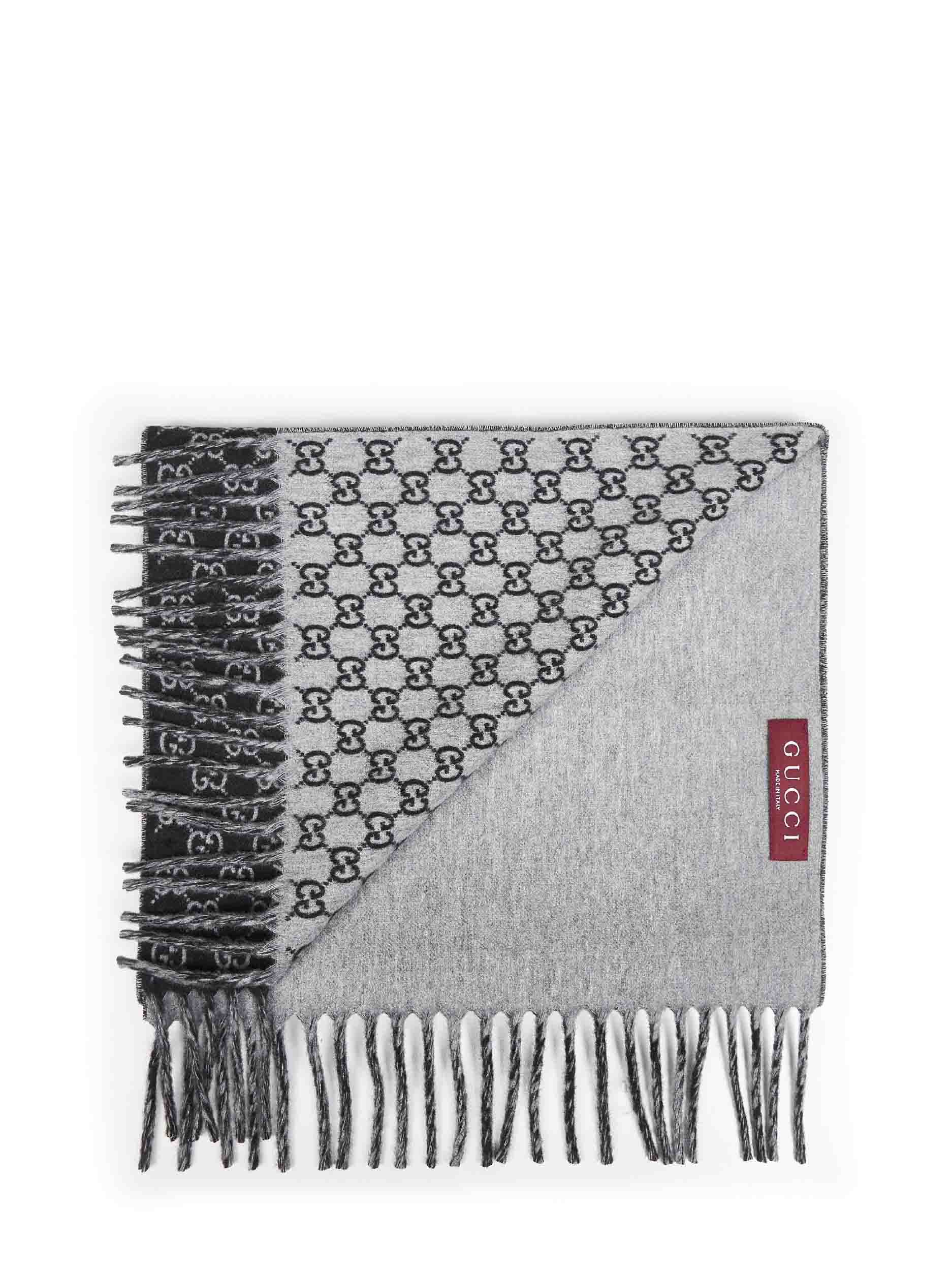 Gucci Men Black And Light Grey Gg Wool And Cashmere Scarf GUCCI
