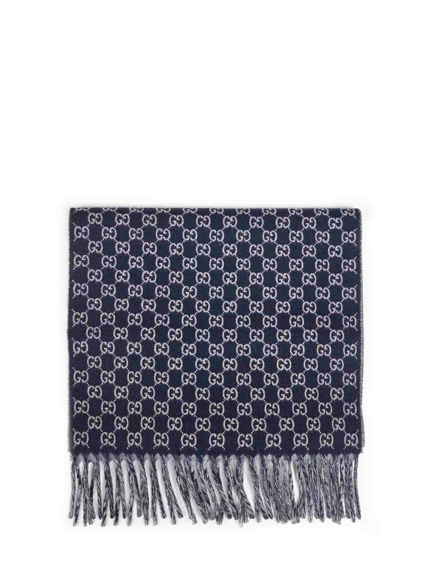Gucci Men Dark Blue And Light Grey Gg Wool And Cashmere Scarf GUCCI