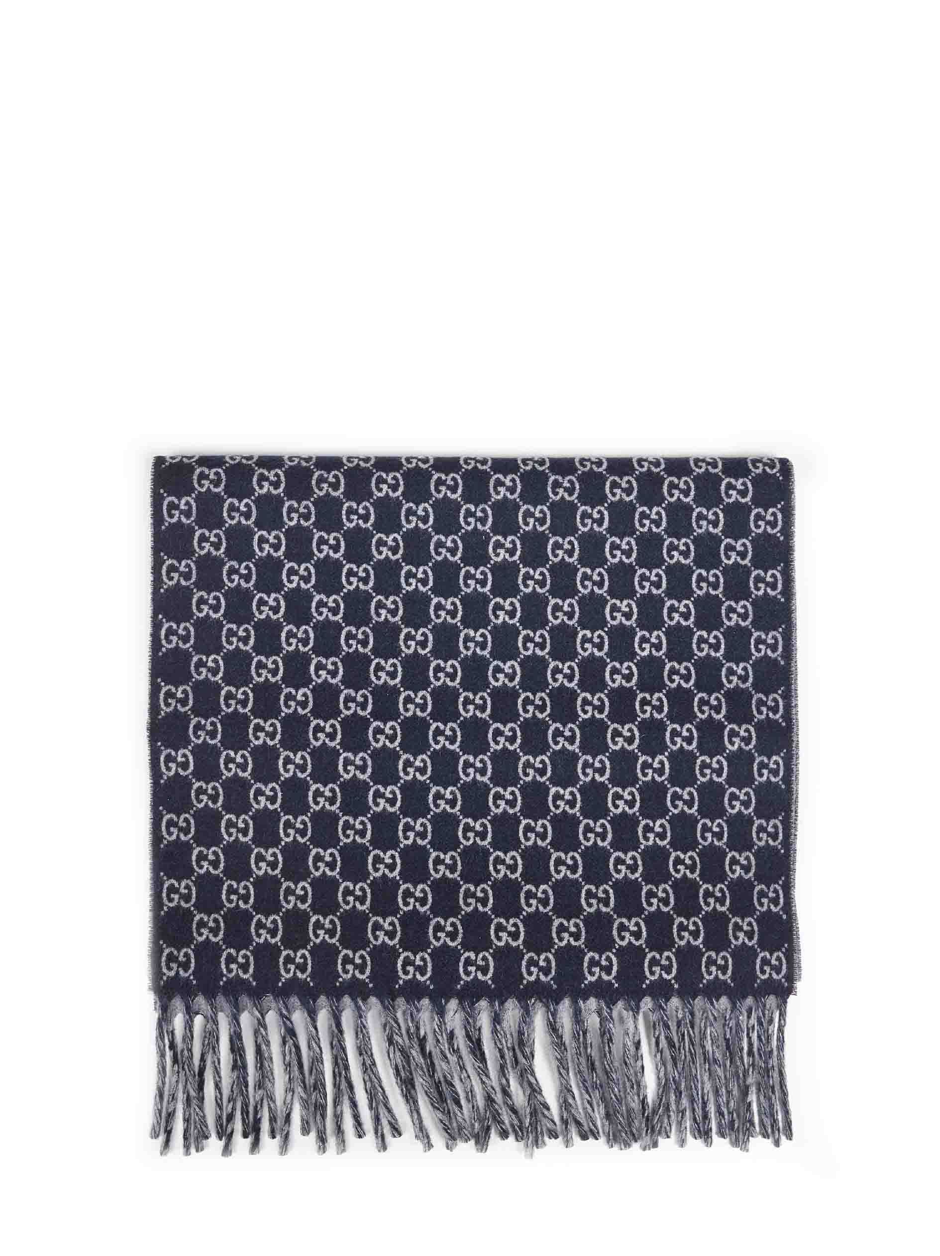 Gucci Men Dark Blue And Light Grey Gg Wool And Cashmere Scarf GUCCI