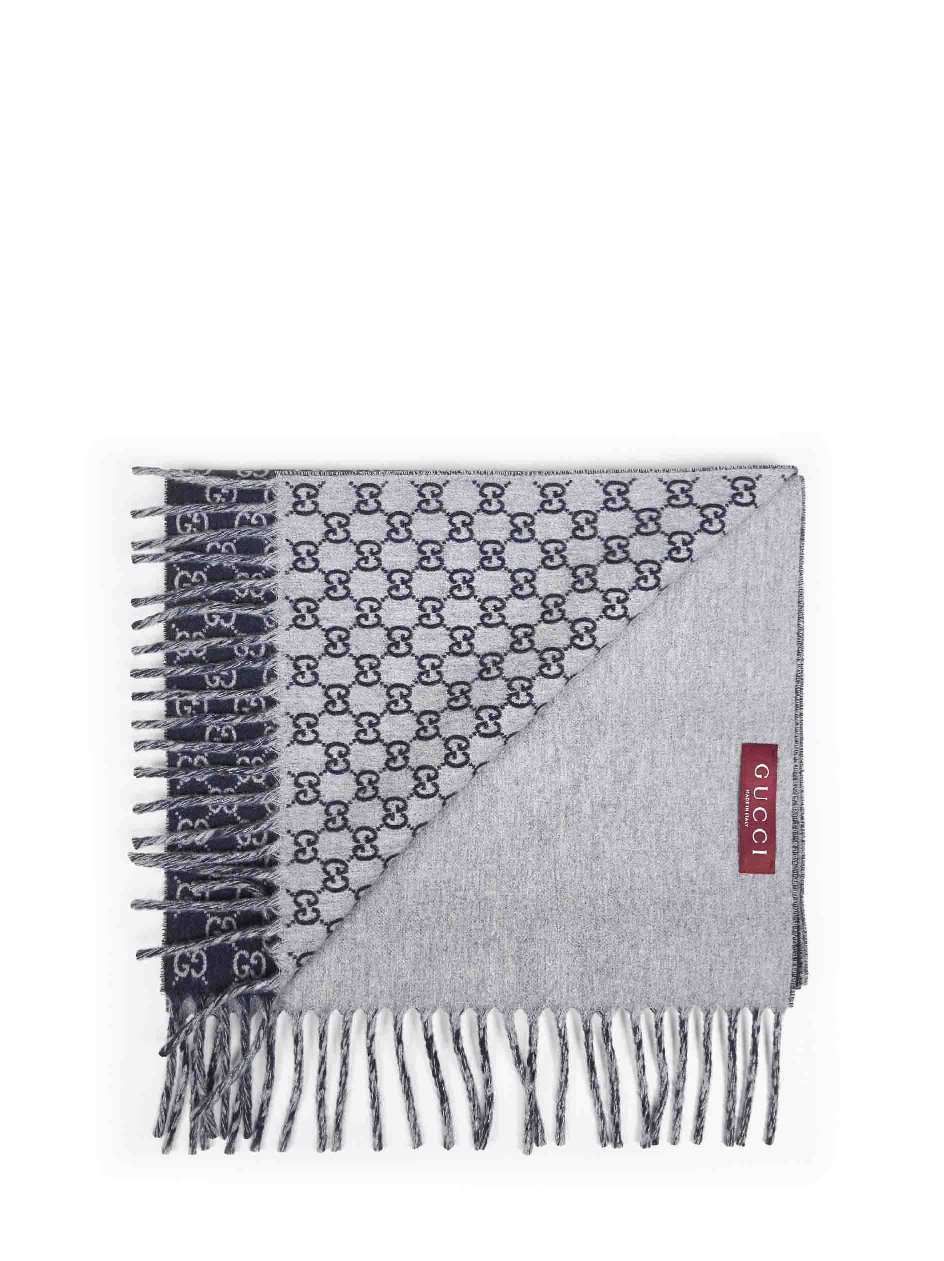 Gucci Men Dark Blue And Light Grey Gg Wool And Cashmere Scarf GUCCI