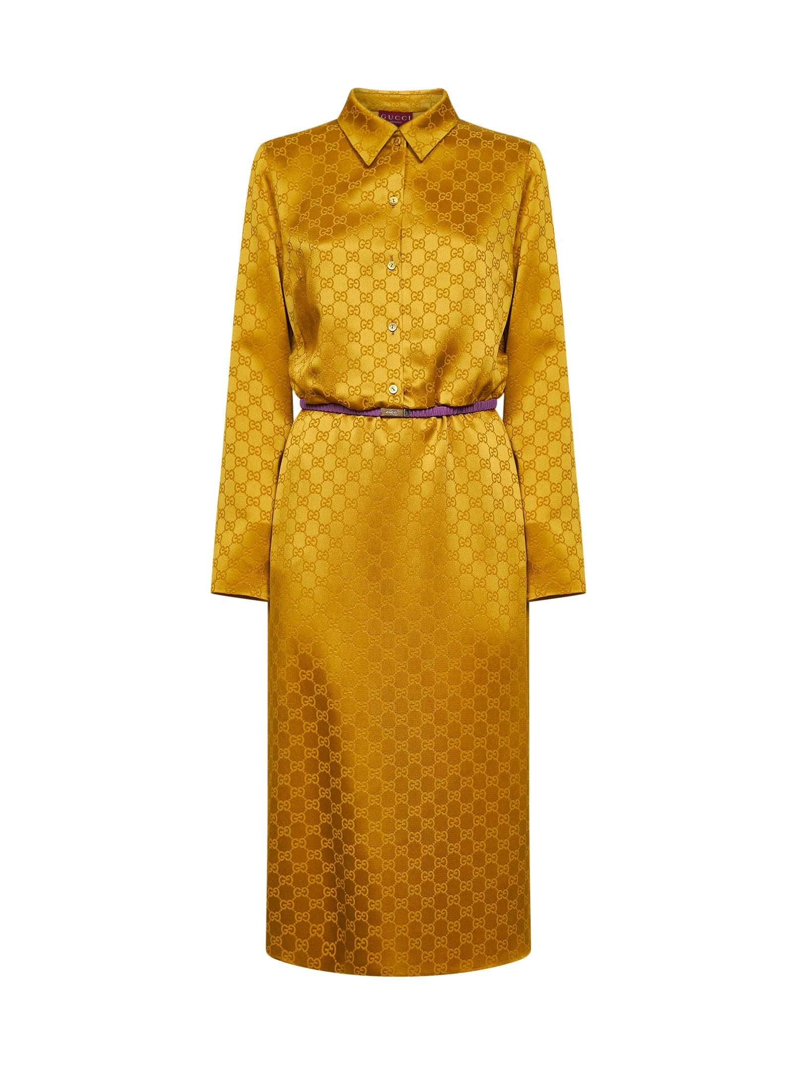 Gucci Women Gold Gg Jacquard Viscose Midi Shirt Dress GUCCI