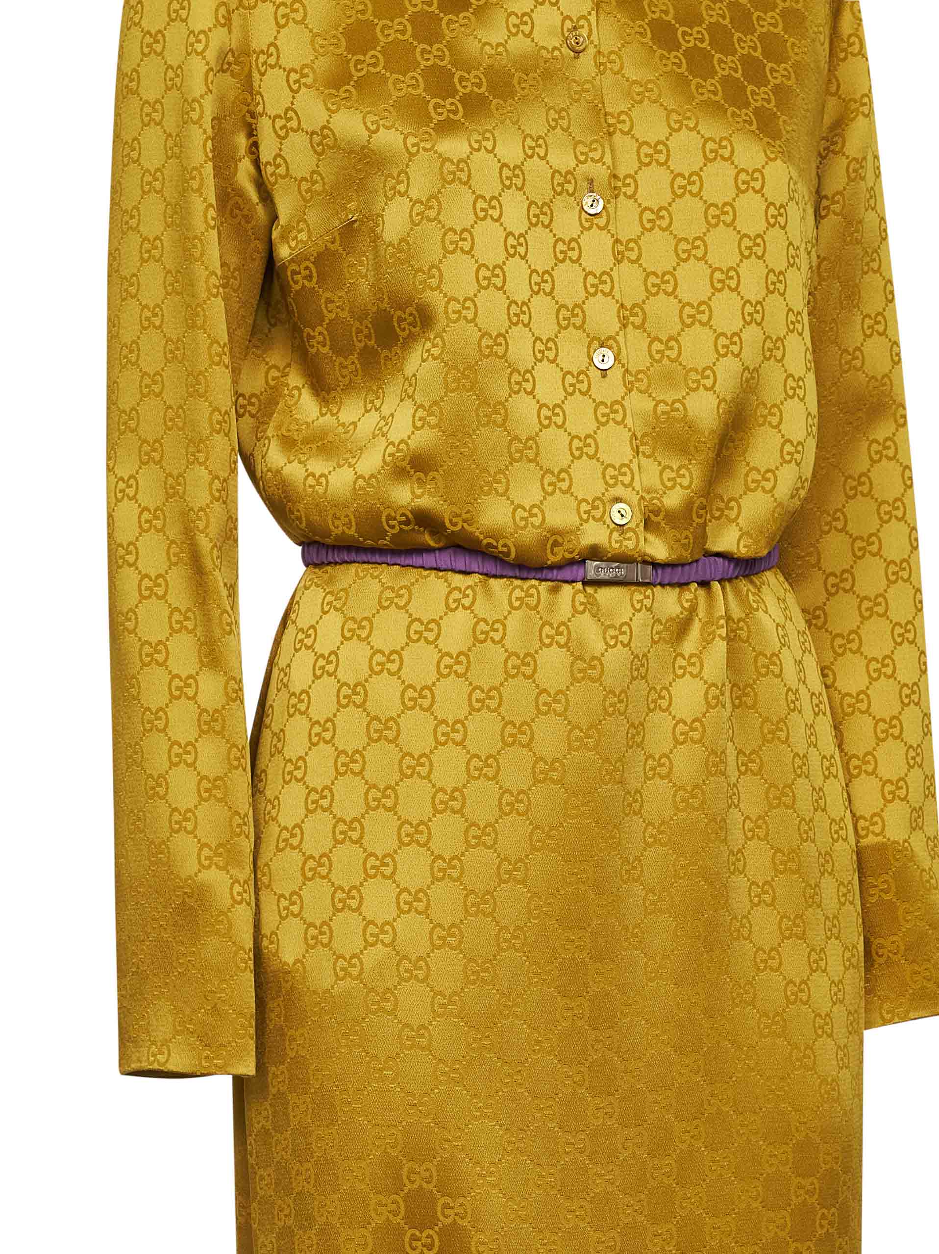 Gucci Women Gold Gg Jacquard Viscose Midi Shirt Dress GUCCI