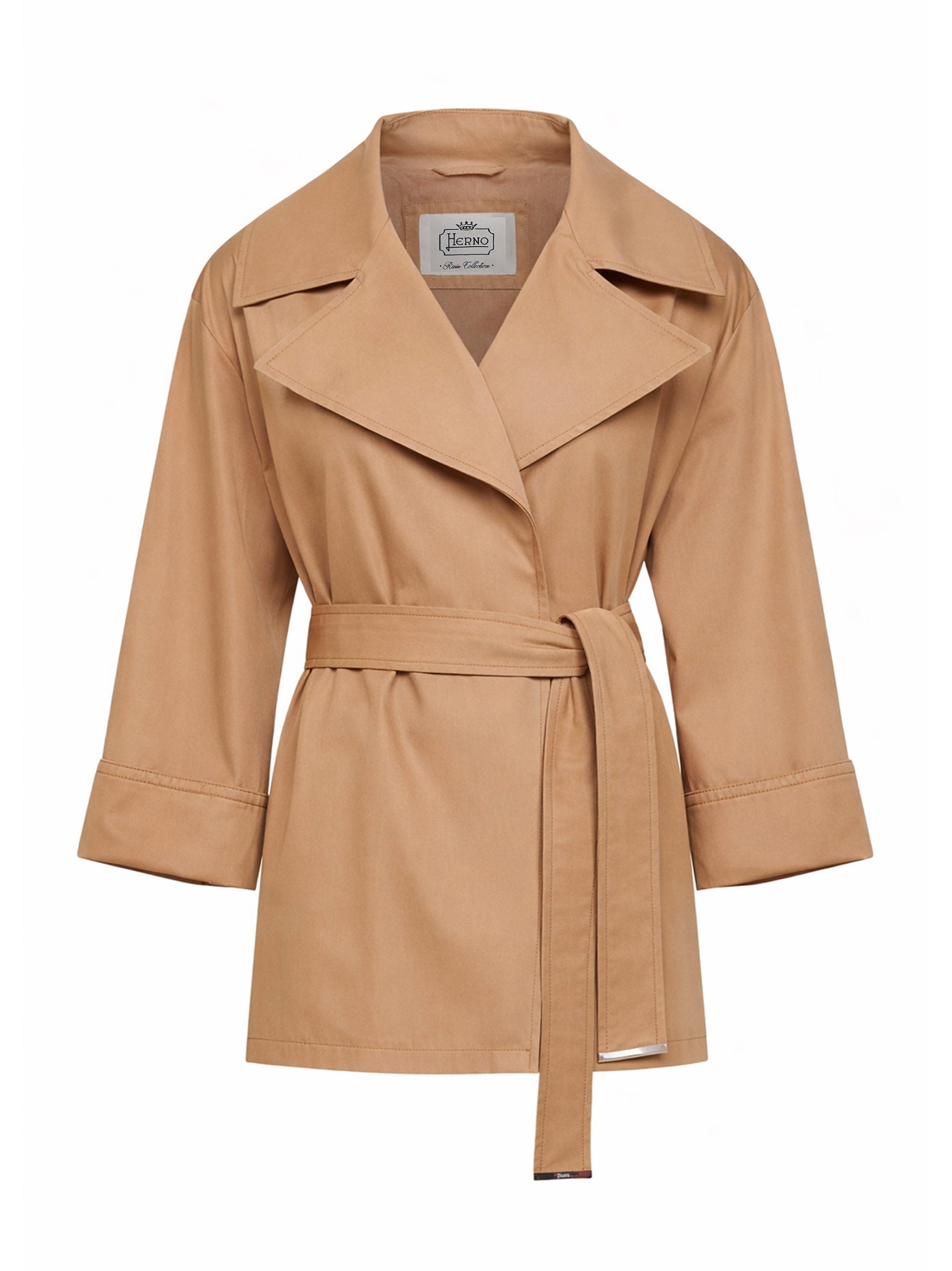 Herno Women Camel Cotton Gabardine Belted Raincoat HERNO