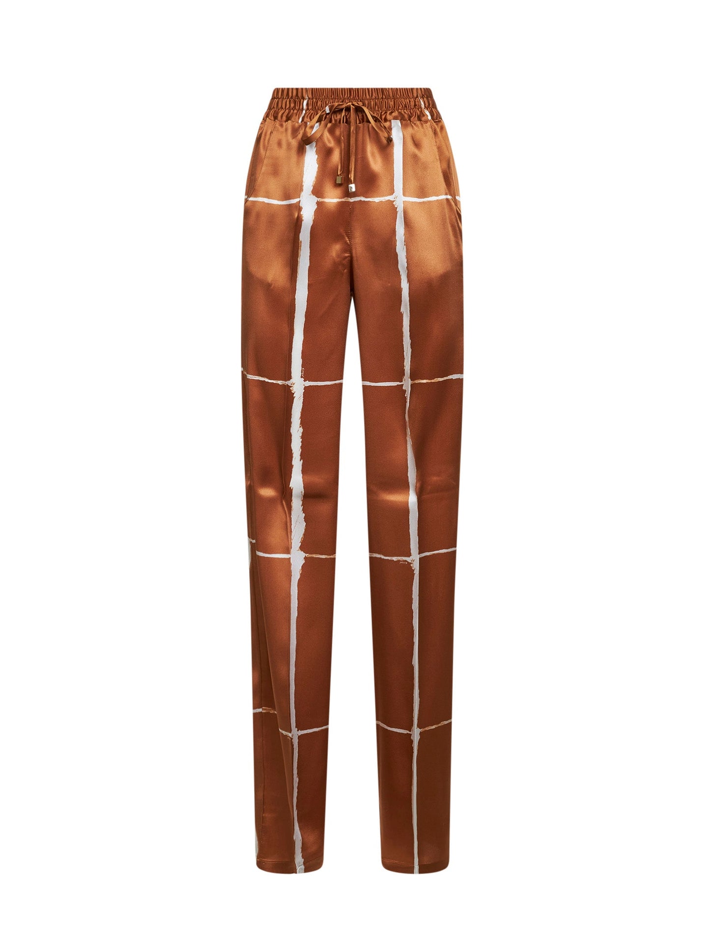 Kiton Women Tan And White Printed Silk Drawstring Trousers KITON