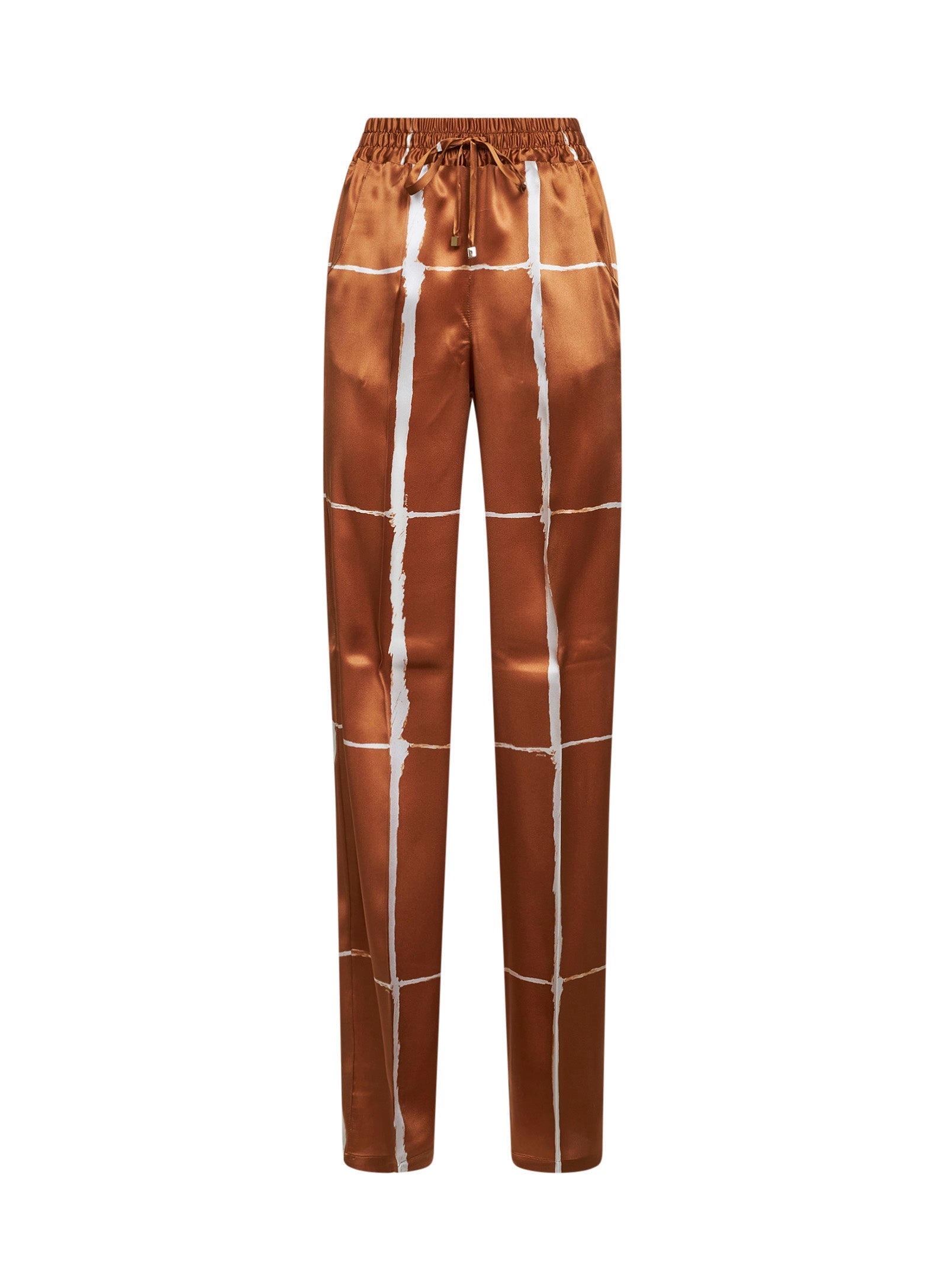 Kiton Women Tan And White Printed Silk Drawstring Trousers KITON