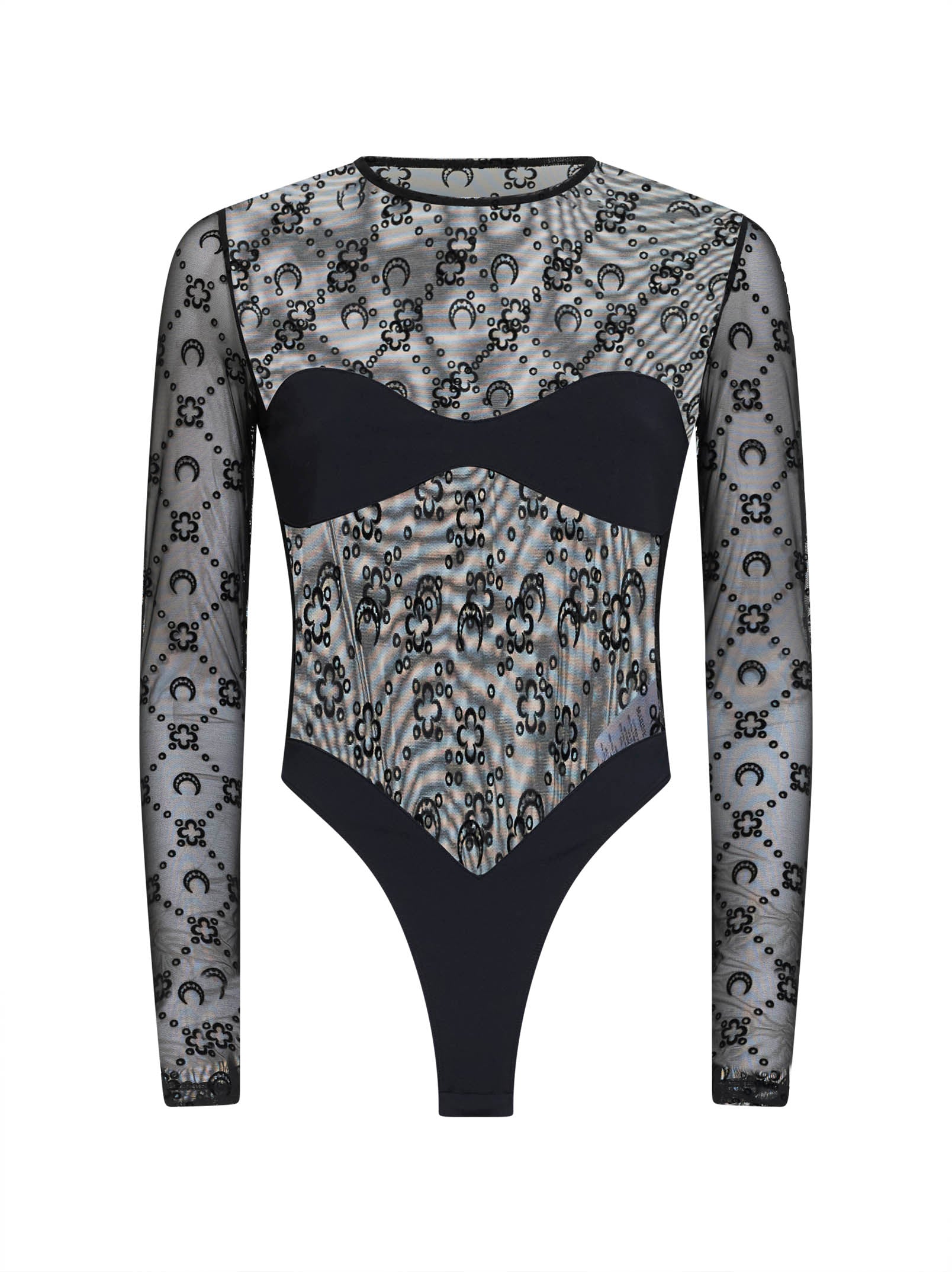Marine Serre Women Black Flocked Monogram Mesh Bodysuit MARINE SERRE