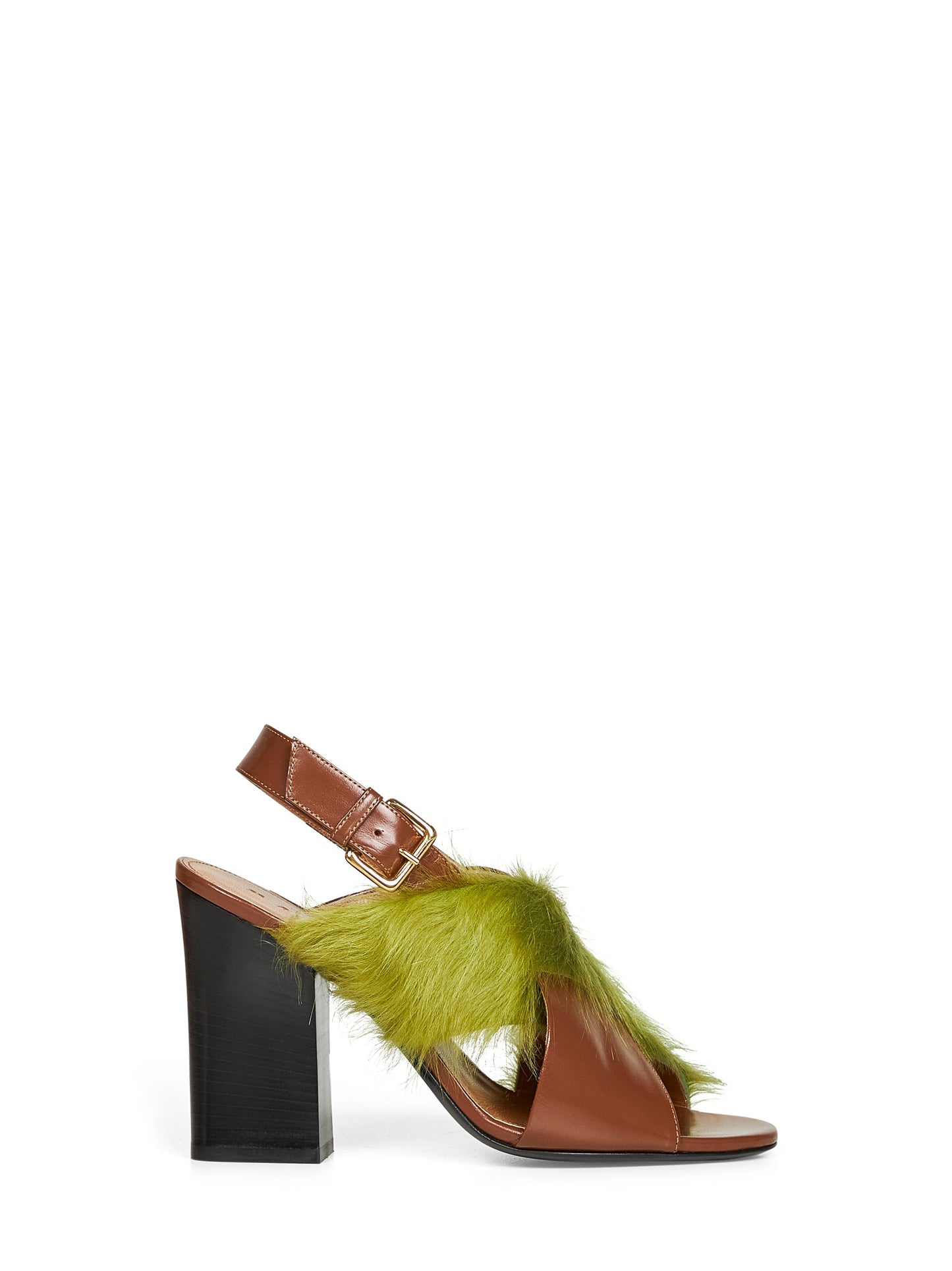 Marni Women Brown Leather And Green Long-Hair Sandals MARNI